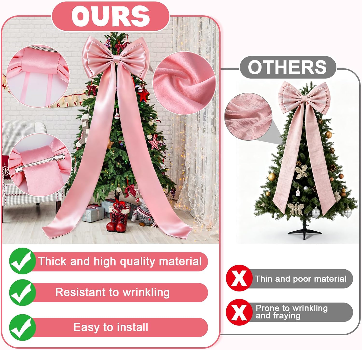 Dreamtop Giant Bow Decor, 19x75 Inch Christmas Tree Bow Topper Decoration for Christmas Tree for Home Wreath Wall Backdrop Birthday Wedding Party Decorations (Pink) - Image 3