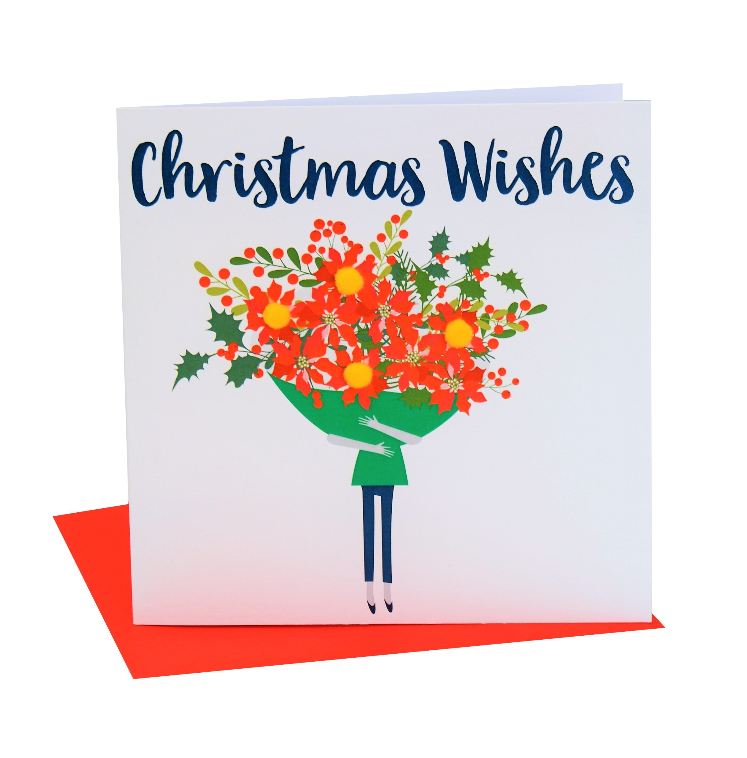 Claire Giles Greeting Cards, Happy Christmas Card, Christmas Bouquet Design Xmas Greeting Card, Embellished with Colourful Pompoms