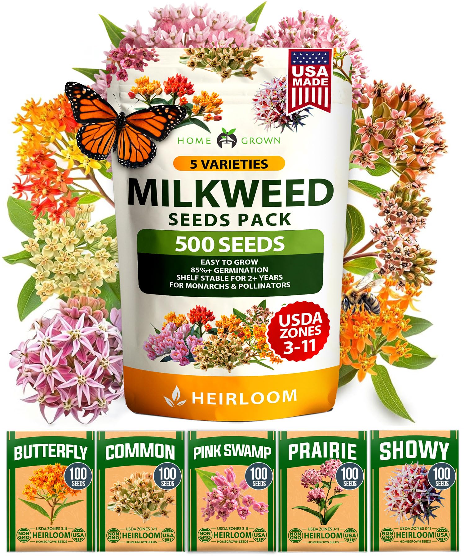 HOME GROWN Milkweed Flower Seeds 5-Variety Pack