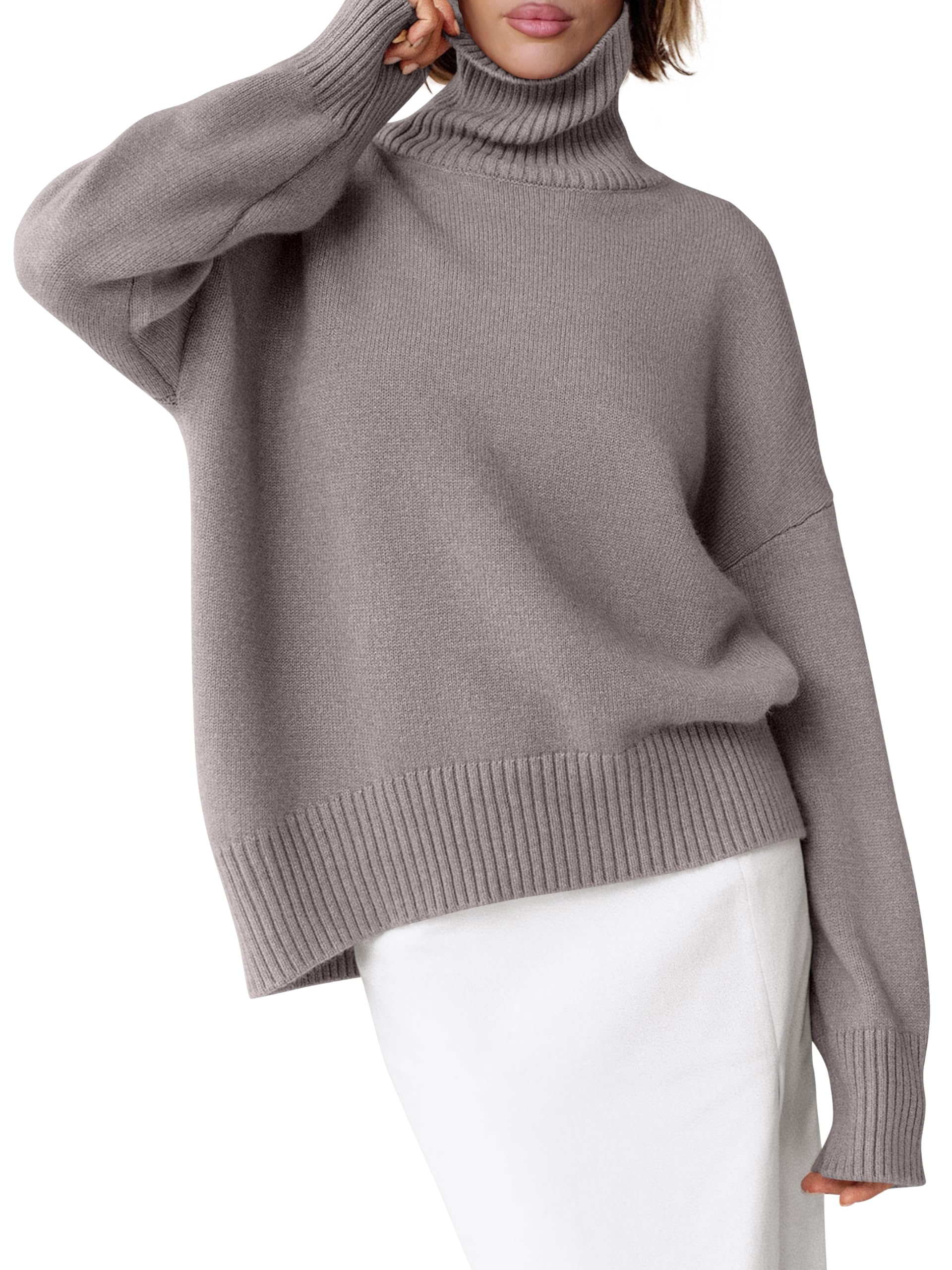 Womens Turtleneck Sweaters Oversized Chunky Long Sleeve Knit High Low Hem Pullover Top 2026 Fall Winter Fashion, Purple Taupe, Medium-image-19