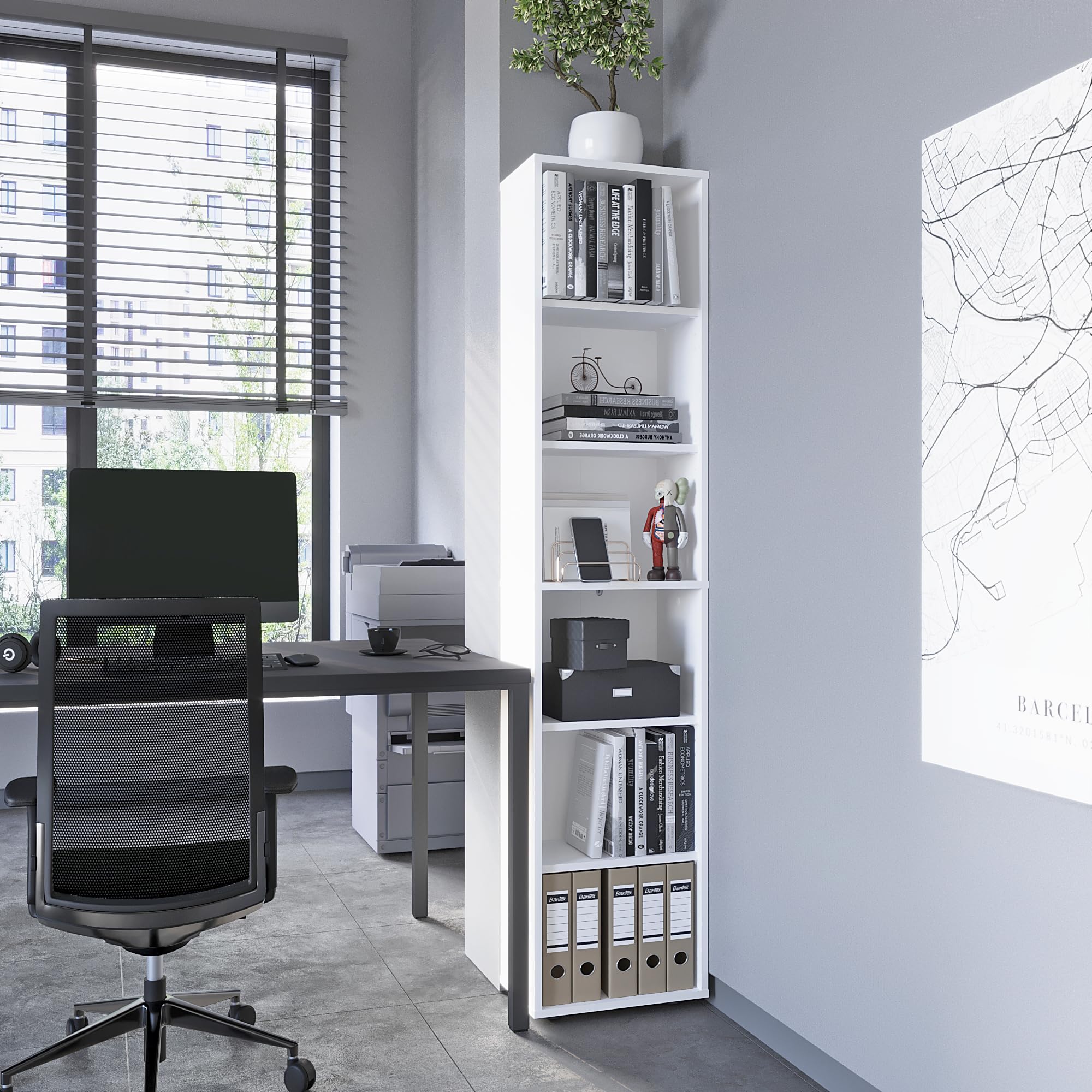 KOMTO Regal 40 cm breit Weiß - Bücherregal mit 6 Ebenen und Höhenverstellbare Regale, Standregal, Aufbewahrungsregal | Bookshelf Lumo 40 x 180 x 24 cm (BxHxT)