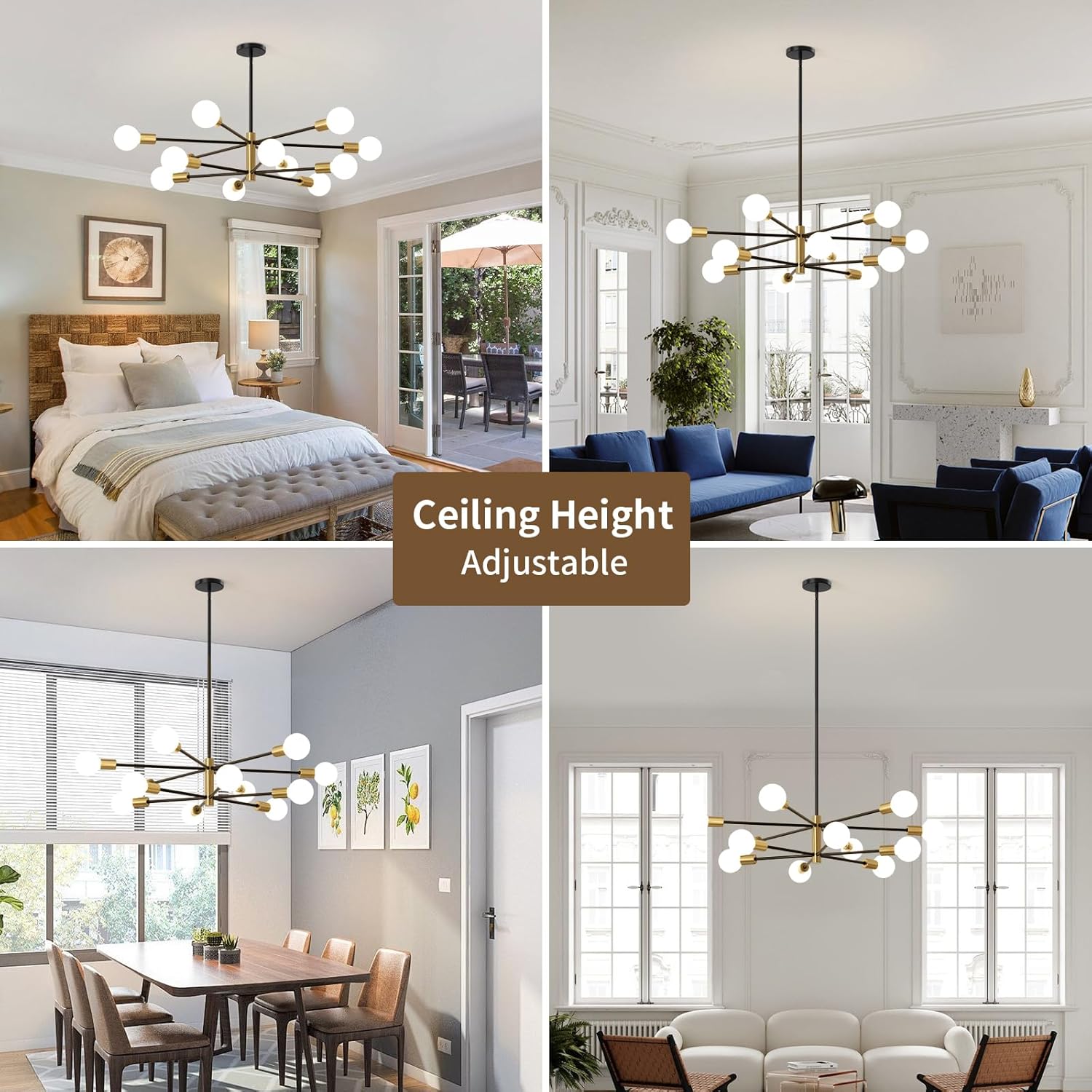 Sputnik Chandeliers Moderna Light Fixture, 12 Lights Black and Gold Mid Century Ceiling Chandelier, Height Adjustable for Living Room, Kitchen, Dining Room, Bedroom,Foyer