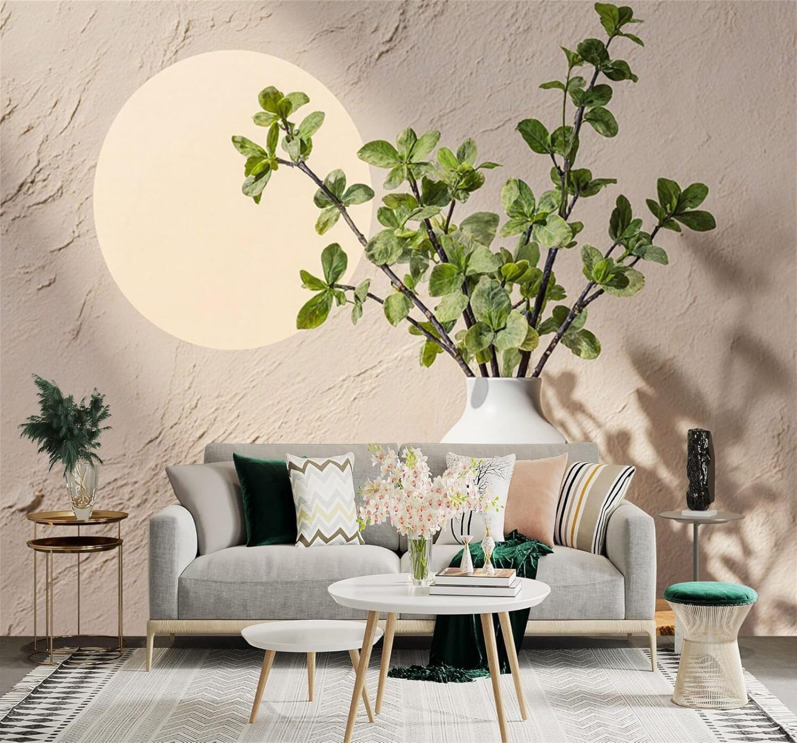 XLMING Minimalist Three Dimensional Green Branches White Vase Soft Sunlight 3D Wallpaper Silky Texture Home Study Office Grey Dining Room Sofa Bedroom Living Room TV Backdrop-150cm×105cm