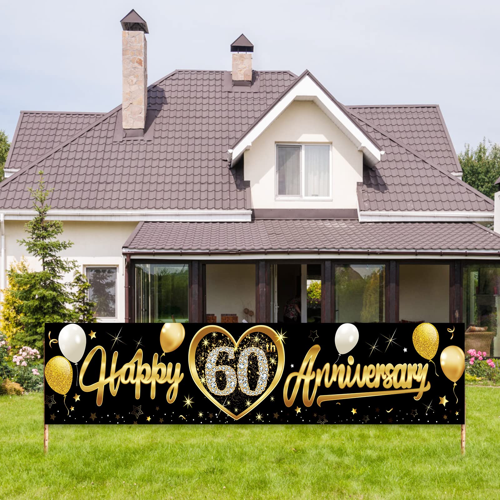 Buy Happy 60th Wedding Anniversary Banner Decorations, Black Gold 60th