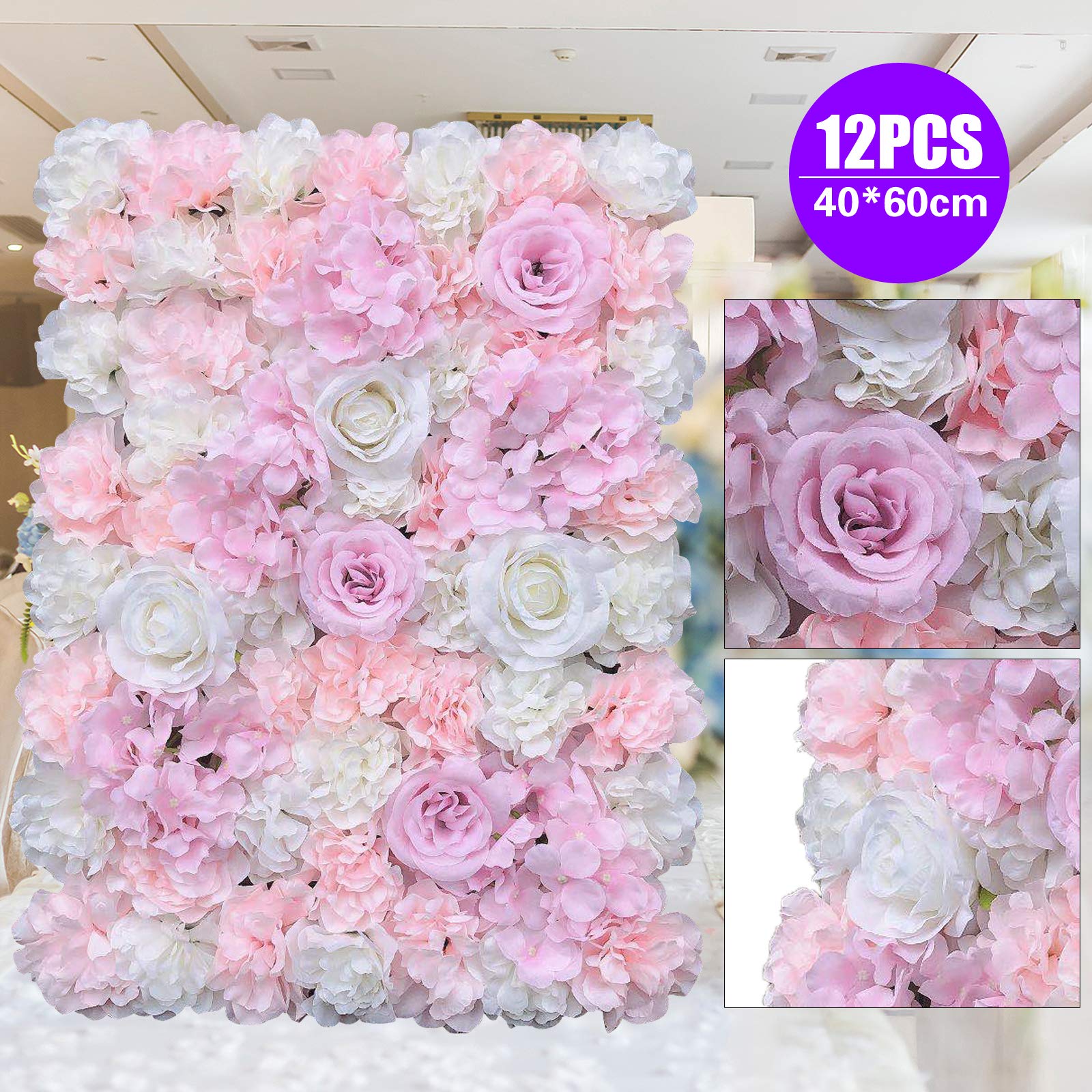 12 Stücke Künstliche Blumenwand Kunstblumen Panel für Garten Hochzeit Dekor 60 x 40cm Lila Weiß