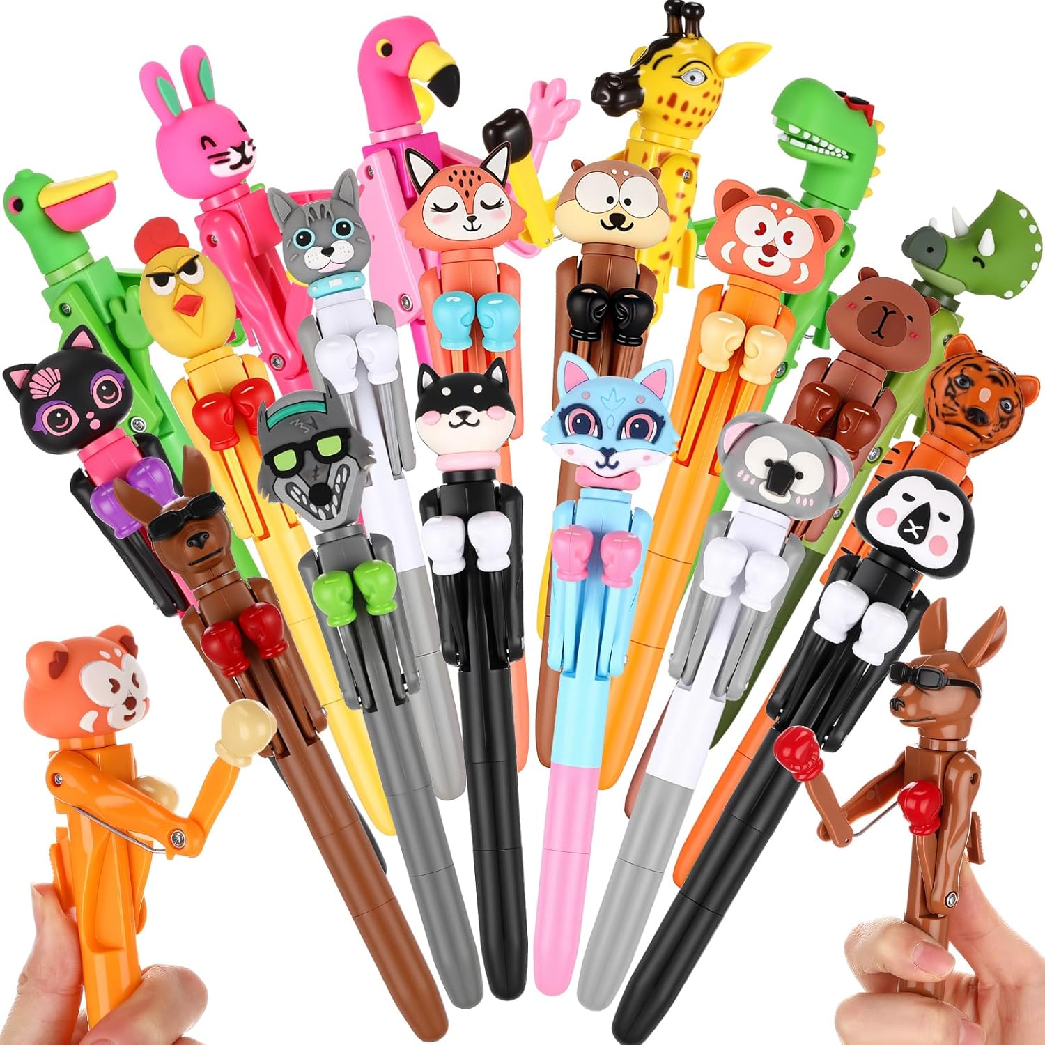 Crtiin 20 Pcs Funny Boxing Pens Novelty Boxing Ballpoint Pens with Punching Arm and Crisp Button Sound Blue Ink Boxer Fidget Ballpoint Decompression Gifts for Office 1.0mm Smooth Writing(Animal)