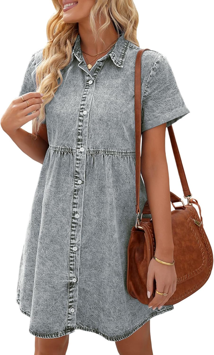 Denim Dress for Women Short Sleeve Button Down Summer Babydoll Casual Jean Dress Tunic Top