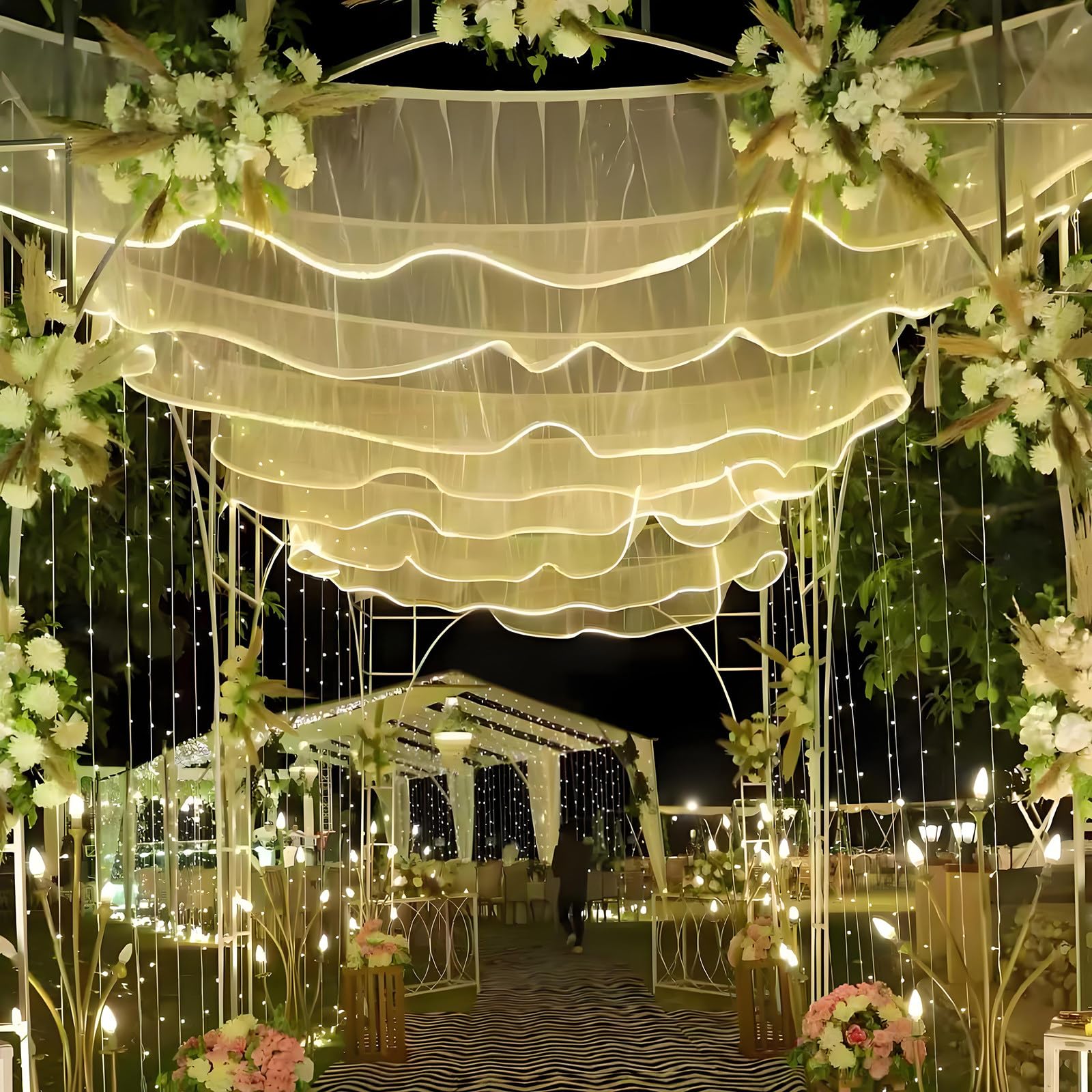 100m de Cortinas de Techo con Luces - 10 Paneles Listos para Colgar para Decoración de Bodas y Fiestas, Velo Luminoso de Tul como Fondo Fotográfico, Cortina y Drapería de Tul 70cmH-White