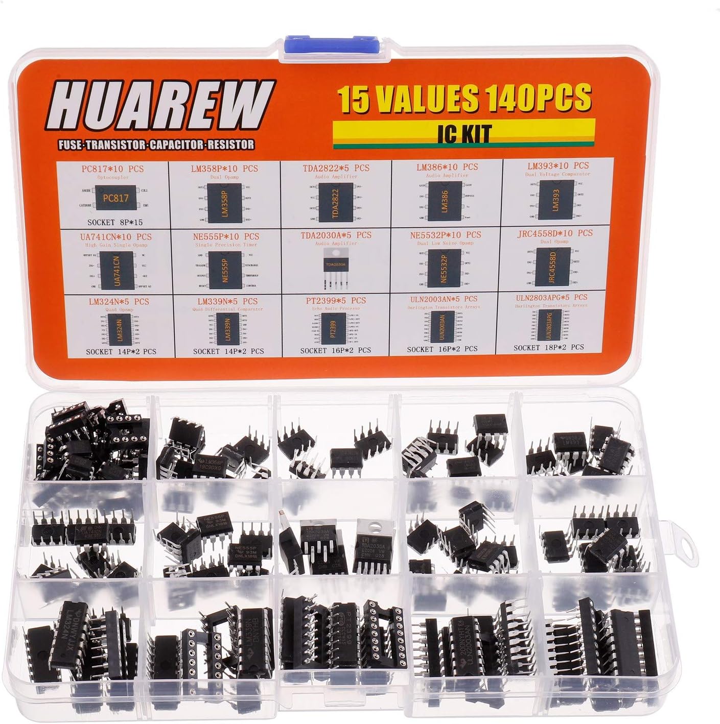 15 Values 140 Pcs Opamp Timer Darlington Phototcoupler PC817 LM358P TDA2822 LM386 LM393 UA741CN NE555P TDA2030A NE5532P JRC4558D LM324N LM339N PT2399 ULN2003AN ULN2803APG IC Assortment Kit