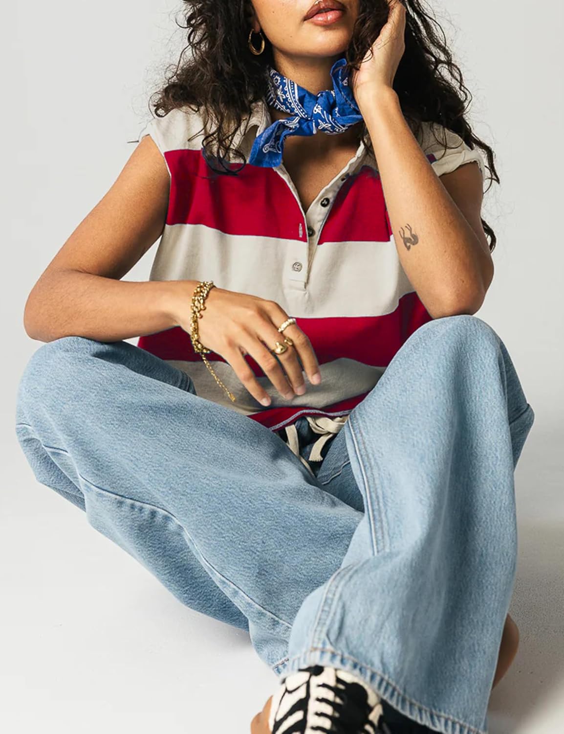 Women's Striped Sweatshirts Sleeveless Knit Polo Shirt Button Front Vest Lapel Pullover Tops - Image 6