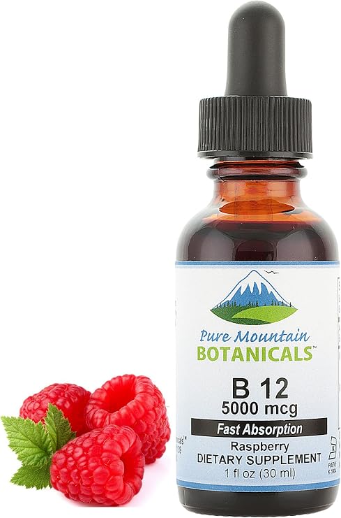 Pure Mountain Botanicals B12 5000 mcg - B12 Complex - Natural Berry Flavor - 30 Servings - Liquid Drops Vitamin - Kosher Supplement