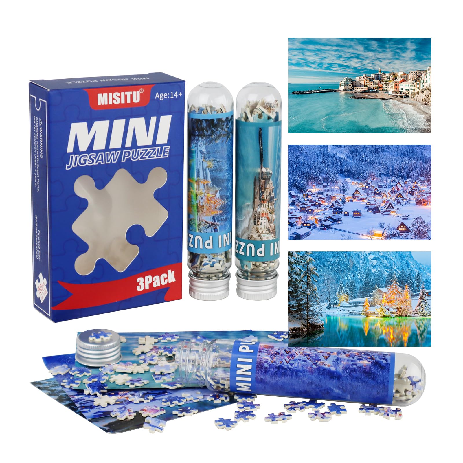 MISITU 3 Pack Mini Jigsaw Puzzles 150 Pieces for Adults Snowy Scene Beach Challenging Game Travel Puzzle Home Decoration Gift โ image 1