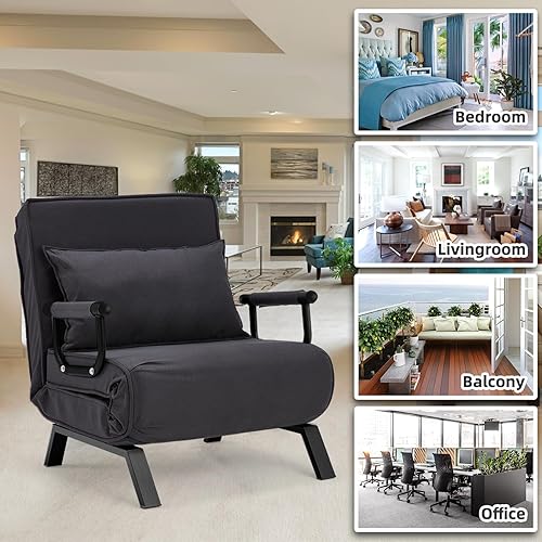 Miniatura 7 de Silla Cama Convertible Sleeper, Sillón Tapizado Tri-plegable con Almohada, Sofá Chaise Lounge Plegable de Ocio, Respaldo Ajustable de 6 Ángulos Cama