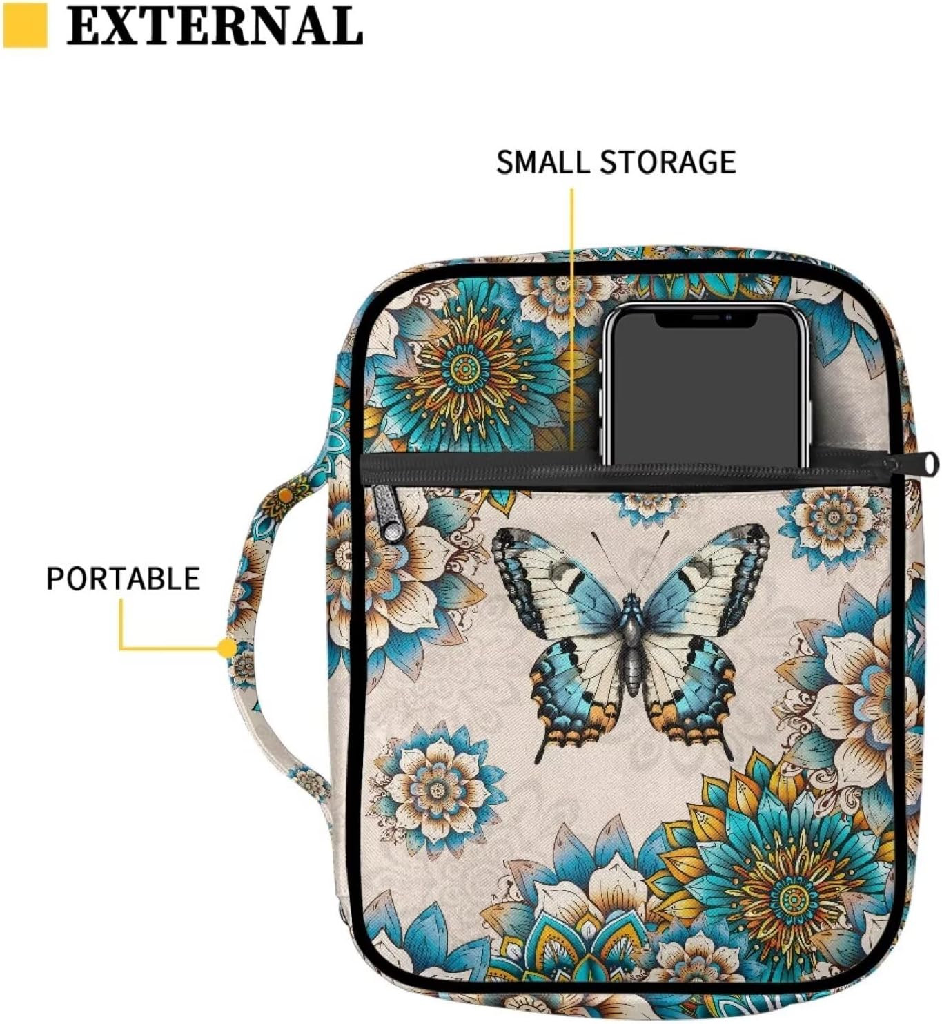 Suobstales Boho Butterfly Print Bible Cover Portable Carrying Book Case Multi-Functional Bible Organizer Case with Handle and Zippered Back Pocket image 4