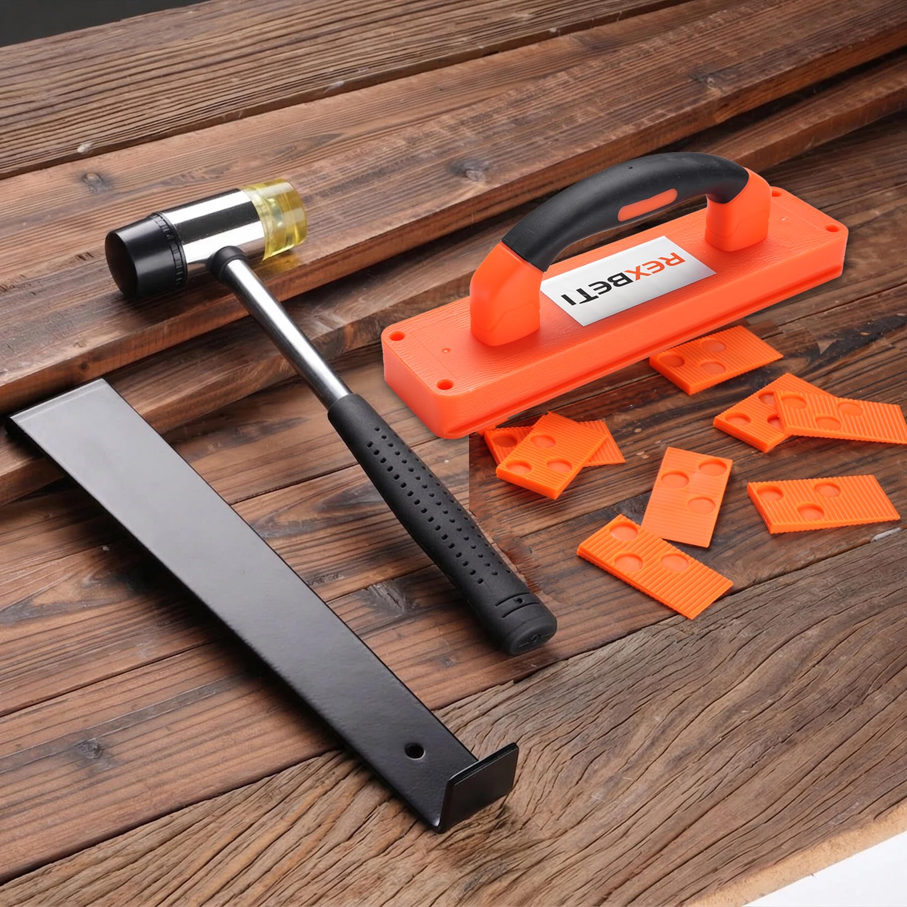 REXBETI Kit de instalación de suelos de madera laminada de 43 piezas con 40 espaciadores, bloque de roscado mejorado, barra de tracción resistente y mazo de alta resistencia de 1 3/8 pulgadas de