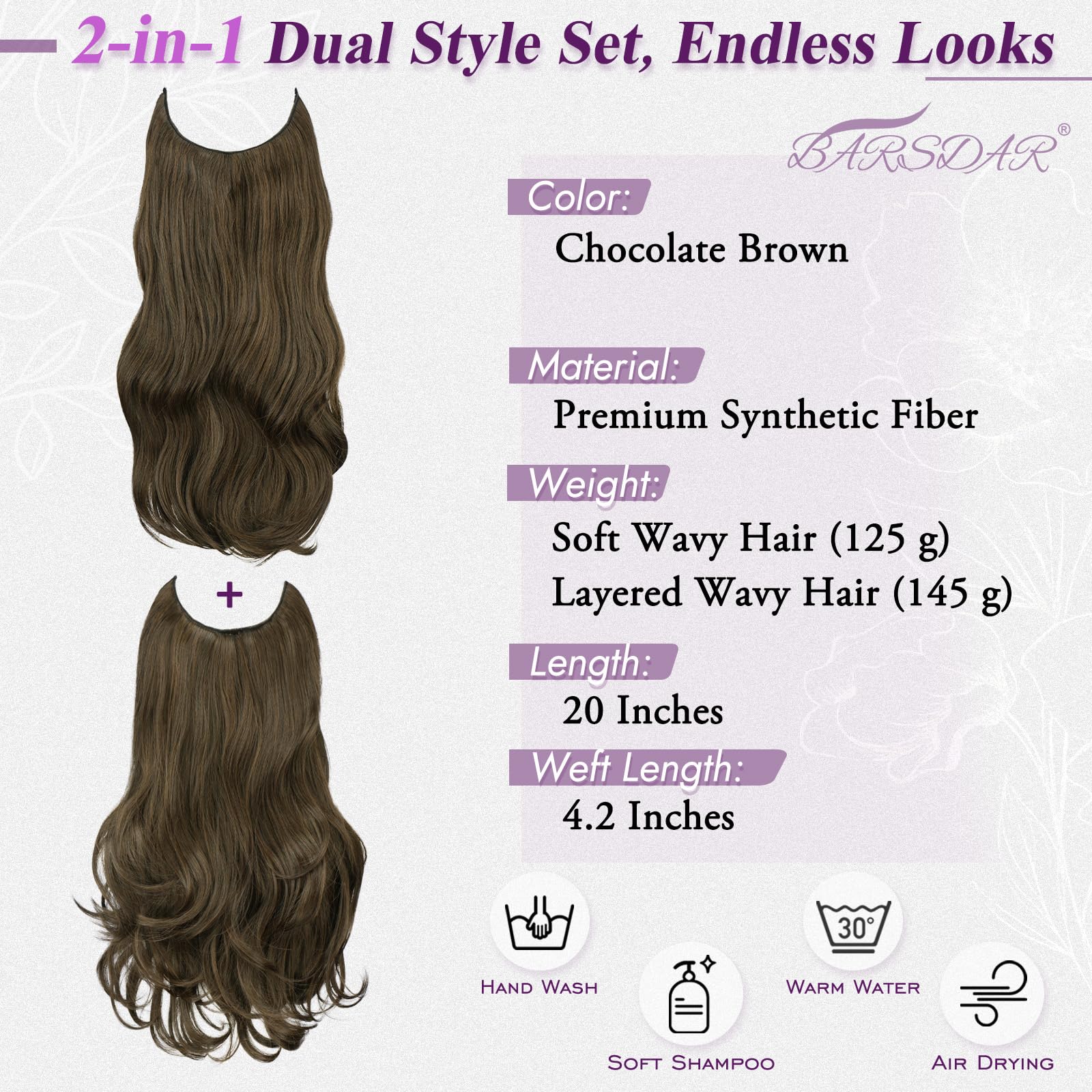 BARSDAR 2 Piezas Hilo Invisible Extensiones de Cabello, 50cm Ondulado Layered Sintética Clip in Marrón Hair Extensions para Mujer Aspecto Natural Lace Weft Invisible Wire Postizos, Chocolate Marrón