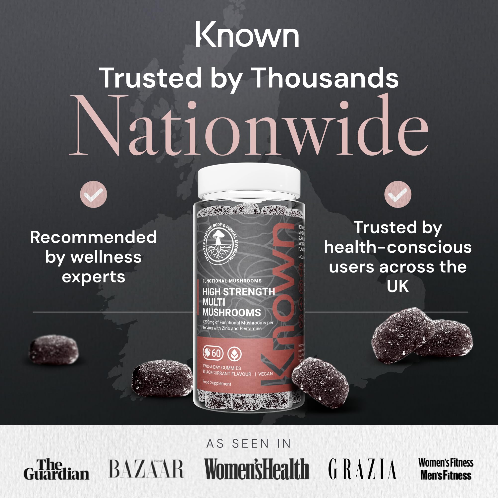 Gummies Multi-Champignons Haute Concentration – Avec Crinière de Lion, Reishi, Chaga, Maitake, Cordyceps, Tremella – Saveur Cassis – 60 Gummies Végans (30 Jours)