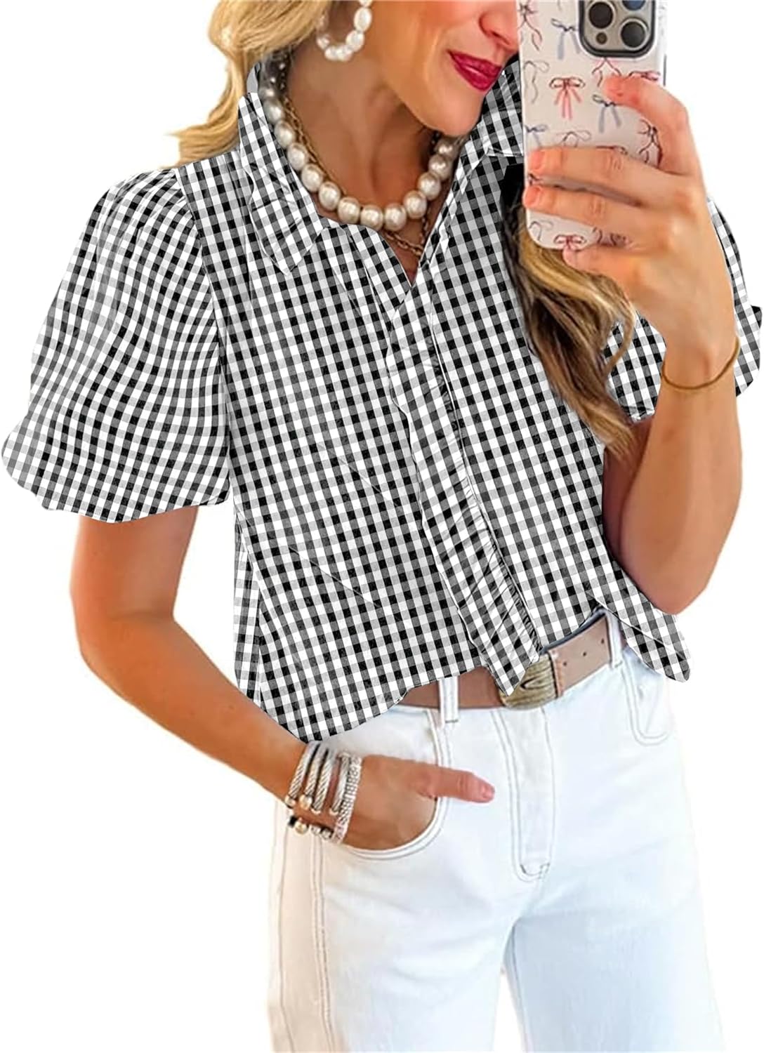 Disamer Womens Puffy Sleeves Tops Button Down Shirt Ruffle Shirt Short Striped Work Tops Trendy Babydoll Stand Collar Blouse