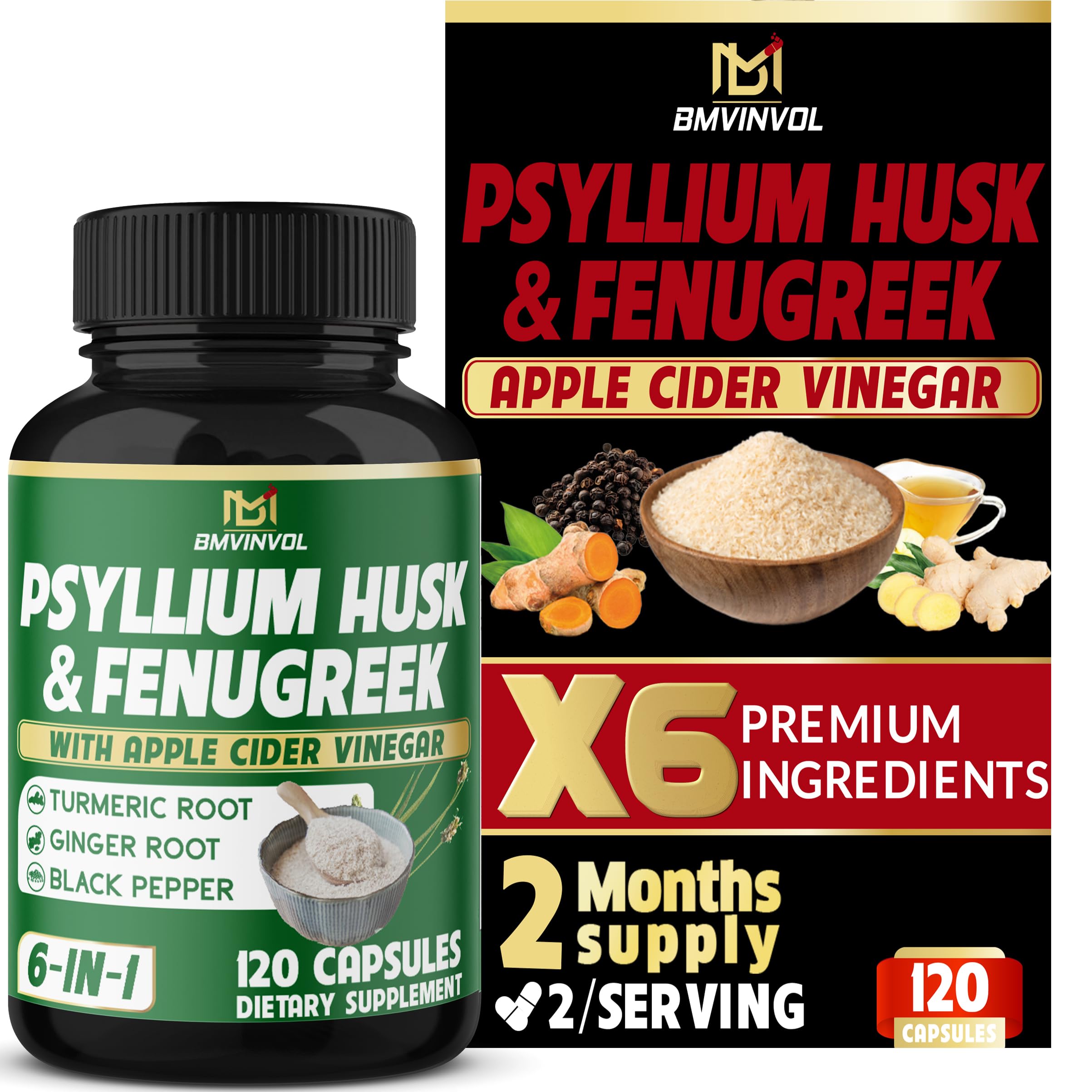 BMVINVOL Psyllium Husk Fiber Supplement with Fenugreek, Apple Cider Vinegar, Turmeric, Ginger, Black Pepper- Digestion Health Support - 120 Capsules 120 Count (Pack of 1)