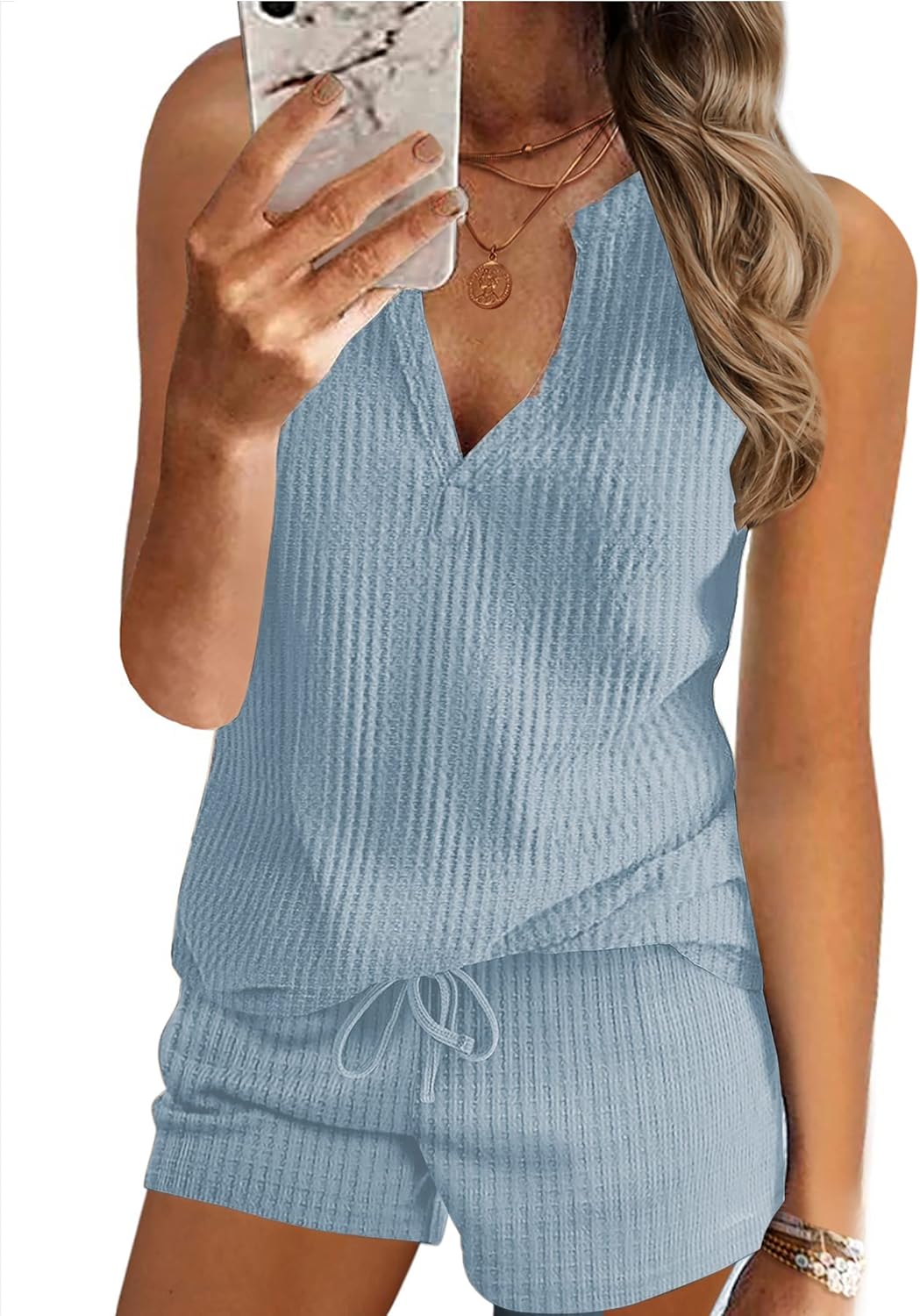 Ekouaer Pajamas Tank Top and Shorts Lounge Sets Waffle Knit V Neck Pj Short Sets Casual Outfits for Women Sky Blue Small
