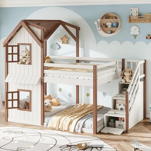 KEIKI Full Over Full Size Wooden House-Shaped Bunk Bed Frame,