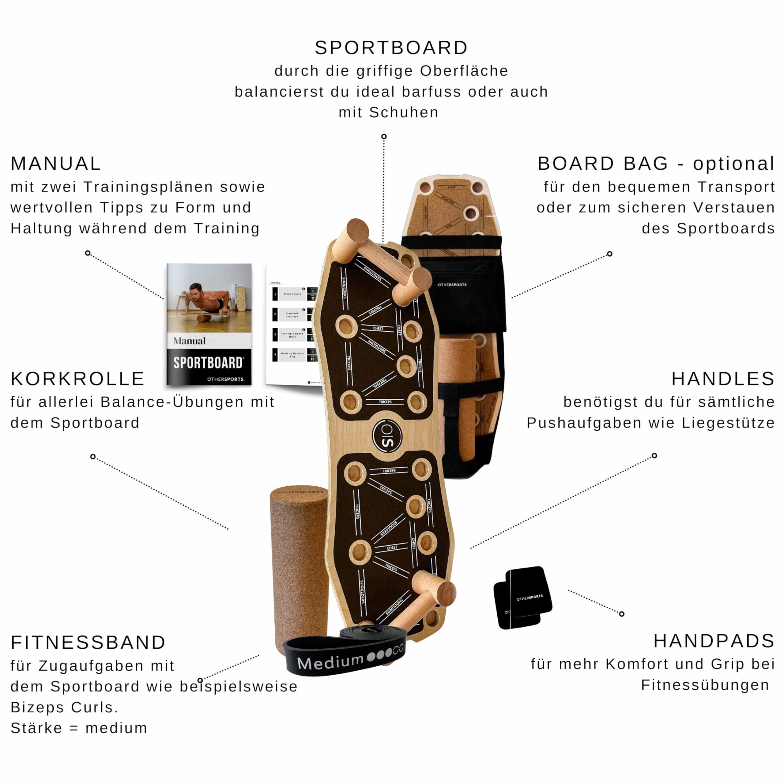 Sportboard Balance Board attrezzo fitness con rullo e fascia fitness – Tavola per flessioni e Balance Board (con zaino, marrone)