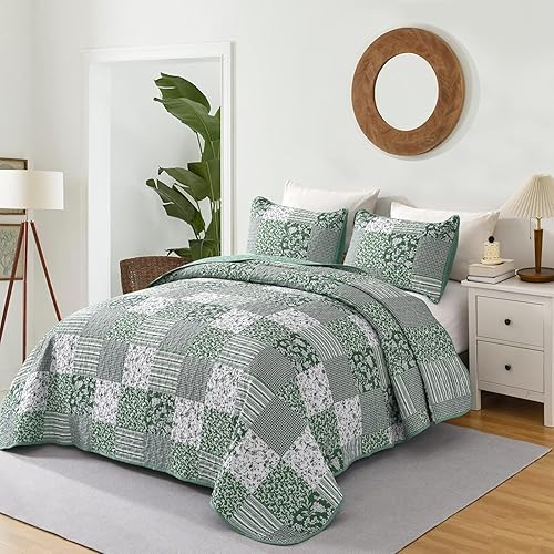 Miniatura 9 de Mybedsoul Juego de edredón de color caqui, juego de ropa de cama tamaño King, 3 piezas de retazos florales de retazos reversibles para todas las