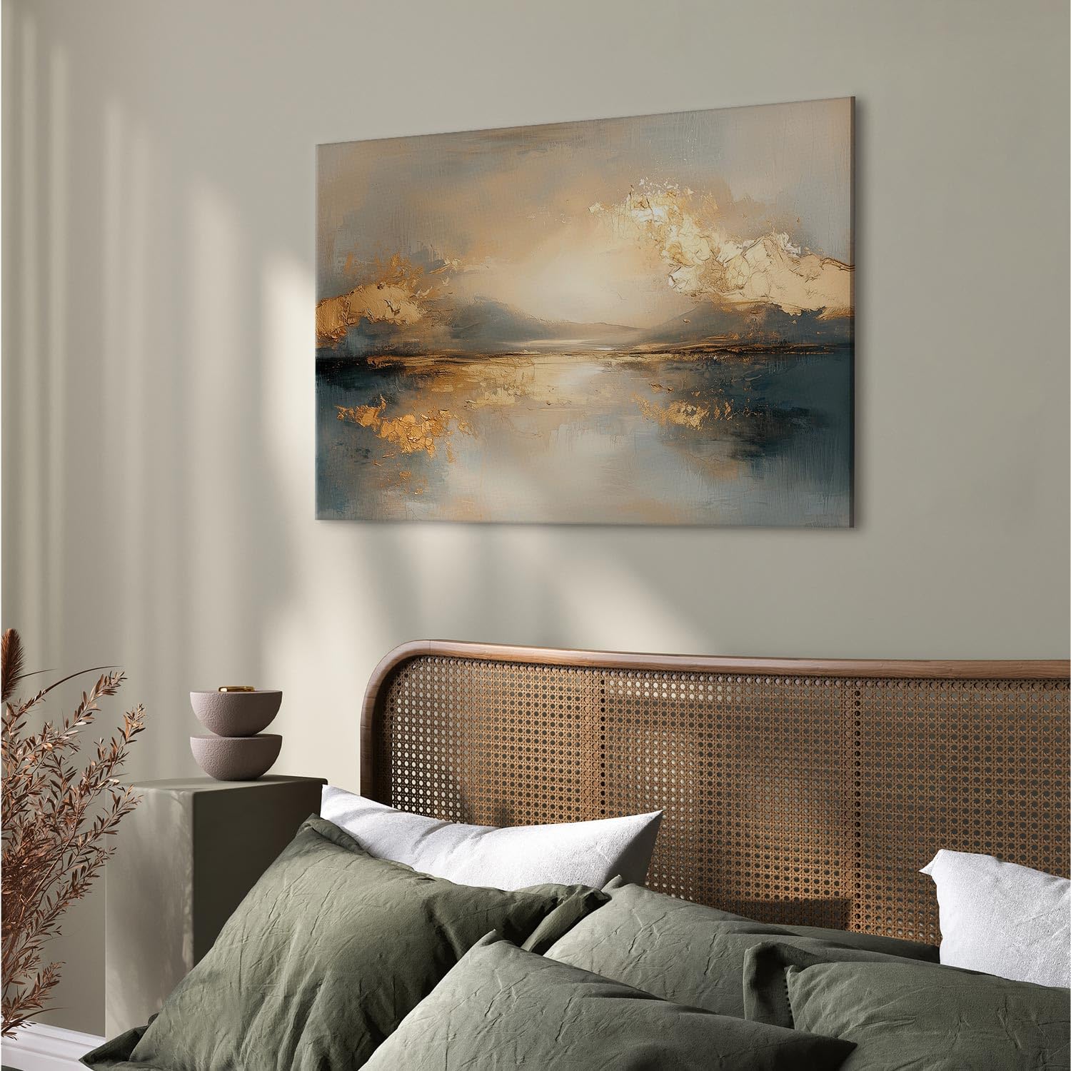 murando - Quadro con Cornice Naturale Alba Astratta 120x80 cm 1 Pezzo - Stampa su Tela Strutturata - Quadri Moderni Soggiorno Grandi - Pannelli Decorativi per Pareti - Telaio in Legno a-H-10170-b-a