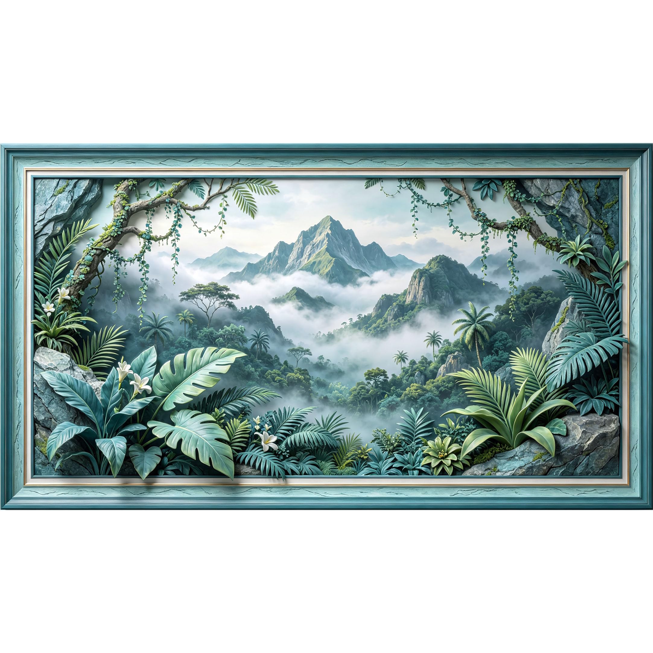 QZLITHOTIC 50×90cm3D Framed Wall Art， Tropical Mountain Mist Jungle Foliage SelfAdhesive Mural， WaterActivated Peel & Stick Fabric Decor Wall Decal for Bedroom Living Room