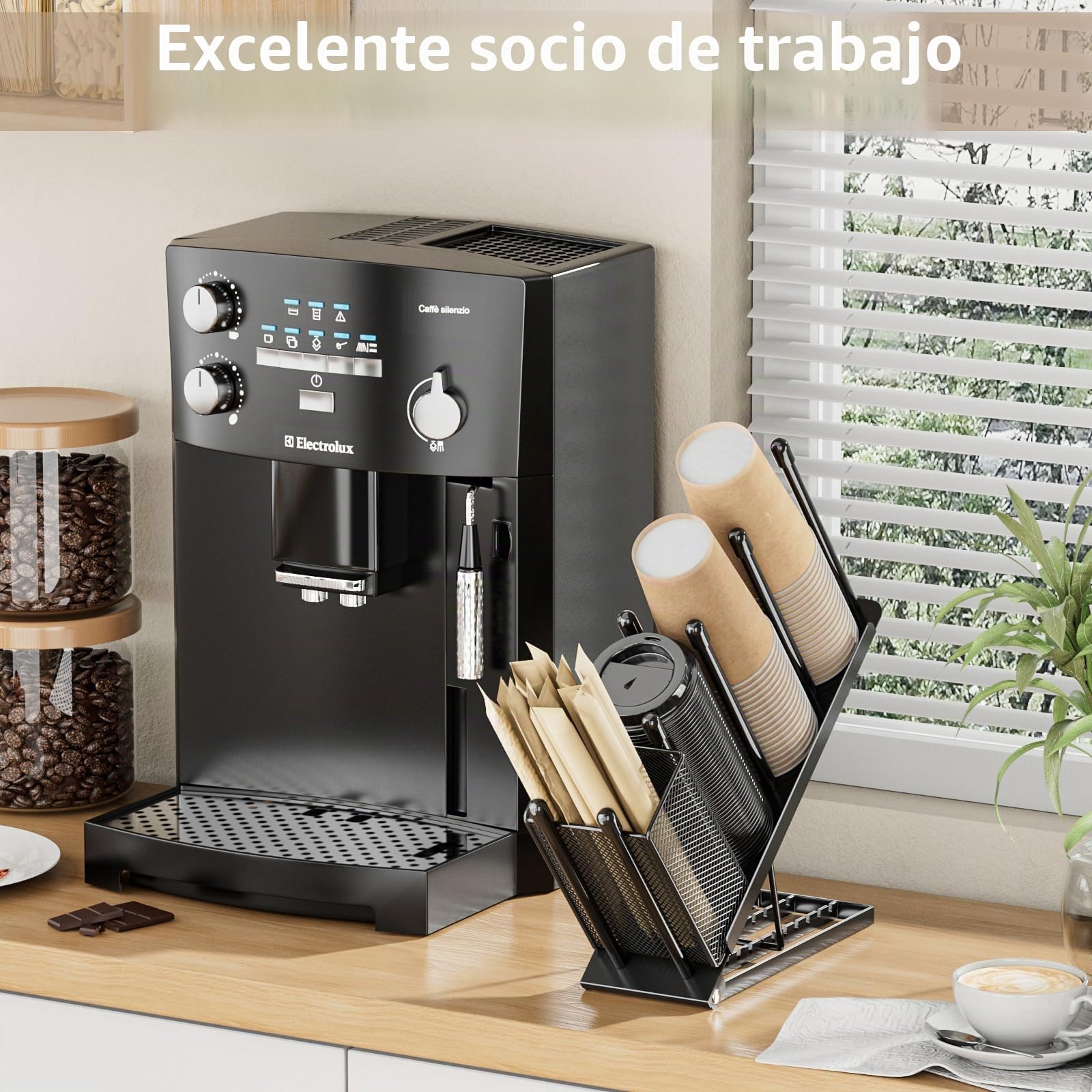 JANE EYRE Portavasos y portavasos ajustable – Organizador portavasos café con dispensador para desechable de 4 compartimentos cesta porta pajitas monodosis para estación de café bar de metal, negro