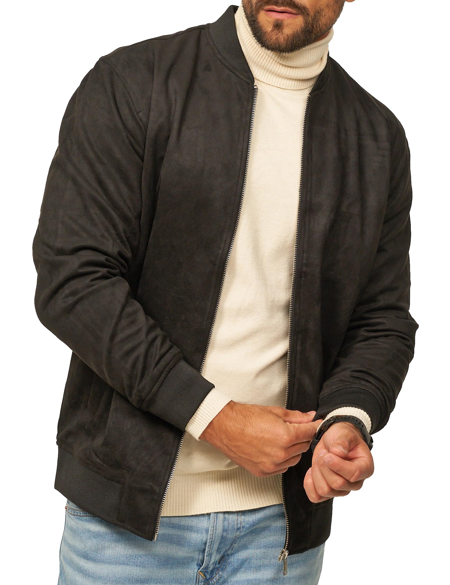 behype. Herren Blouson-Jacke als Weiche Übergangsjacke - Dünne Bomberjacke mit Baseball Stehkragen in Leder-Optik für Männer - Men's Jacket