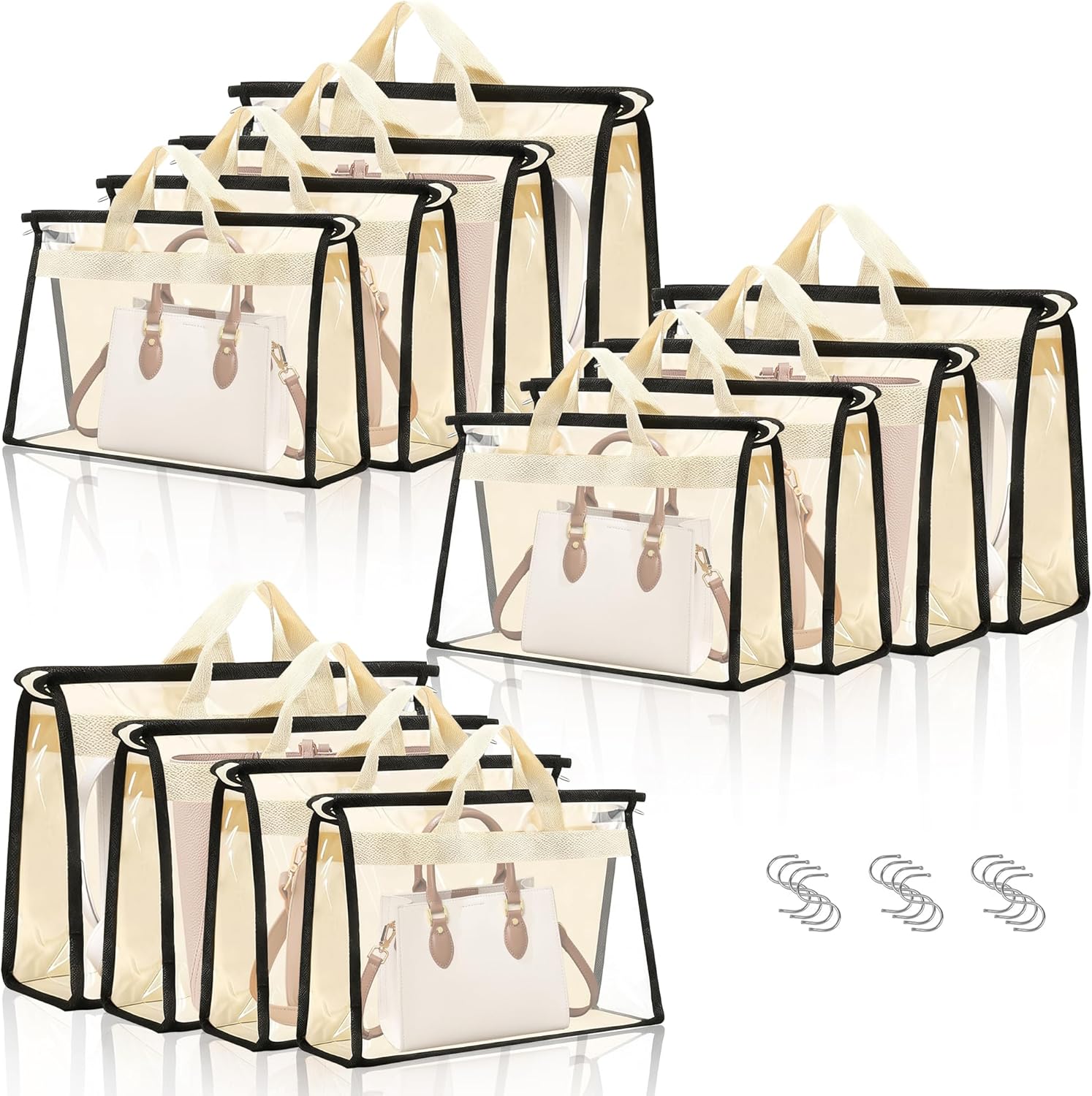 12 Packs Clear Handbag Storage Organizer, 4 Sizes Grey Dust Bags for Closet, Purse Organizer with Zipper Handle and 12 Pcs Hooks