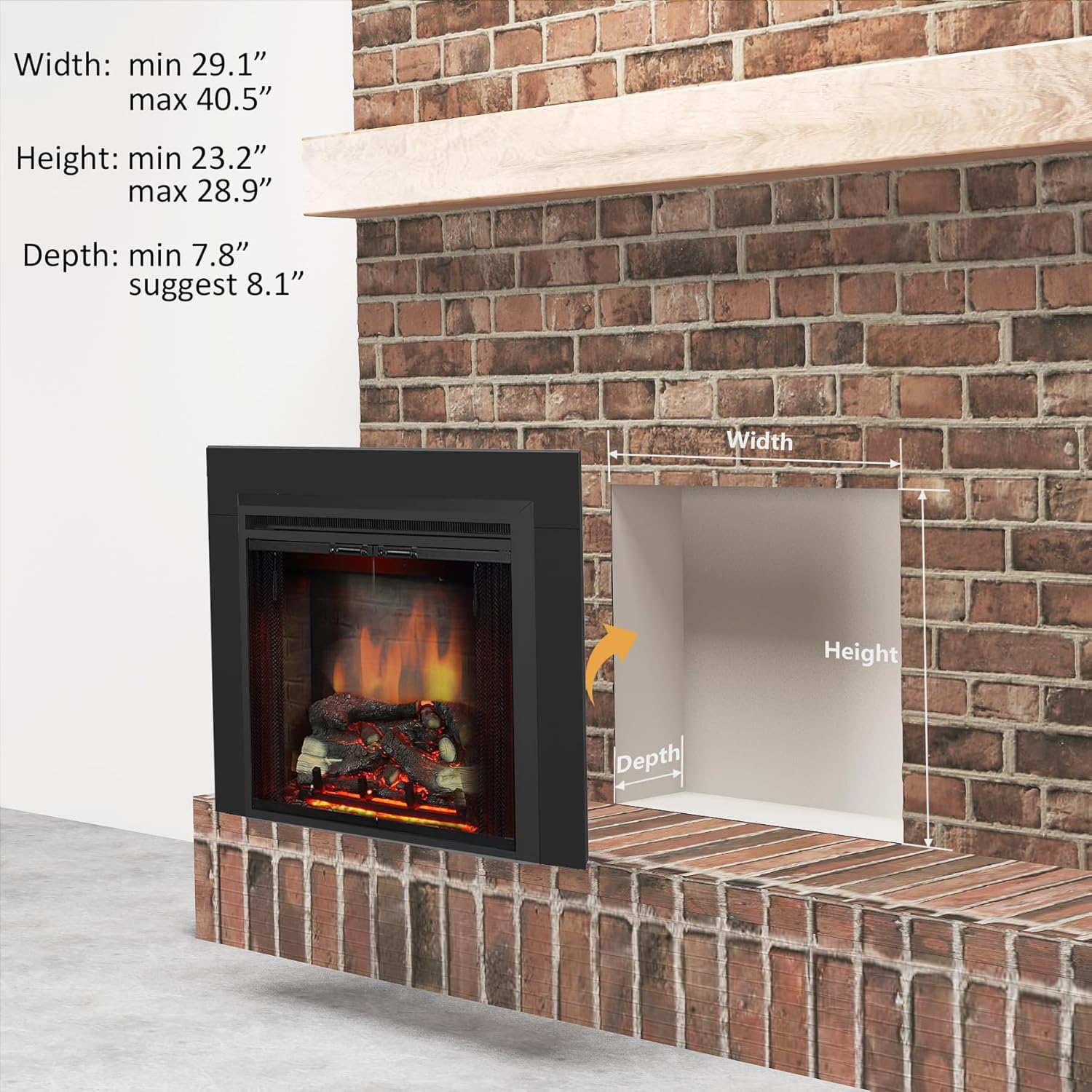 Diagram illustrating the recommended dimensions for a fireplace opening to accommodate the PuraFlame Klaus electric fireplace insert, showing width, height, and depth requirements.