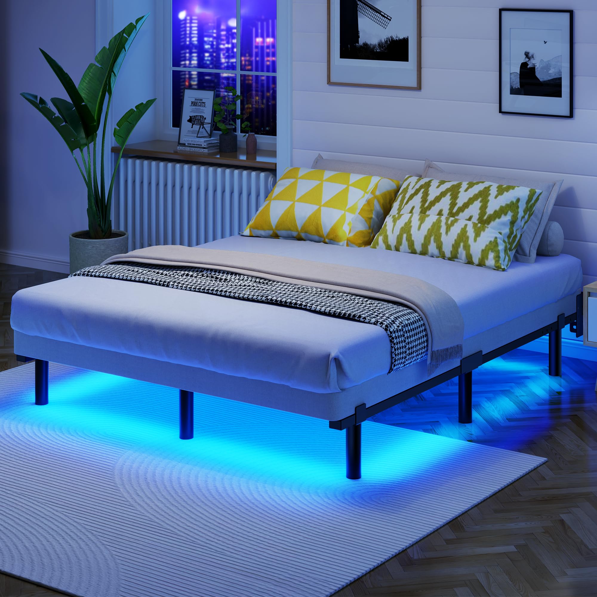 King Size Bed Frame with Smart LED Lights 7 Inch Basics Metal Bed Frame Heavy Duty 9-Leg Base