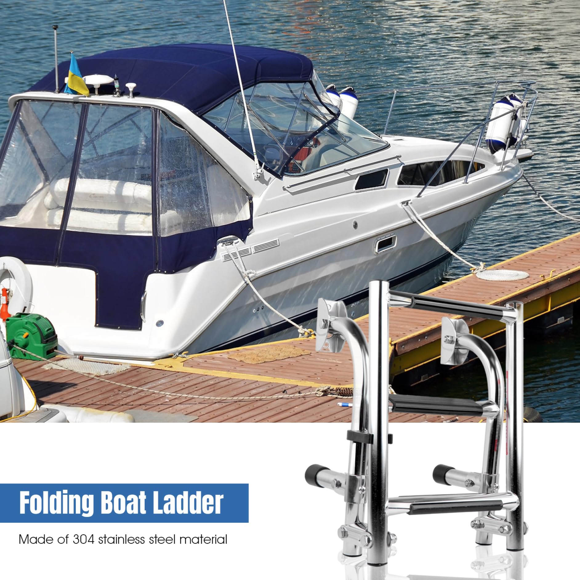 Échelle de Bateau Pliante, échelle de Bateau Ponton à 3 marches en Acier Inoxydable 304, marches Quai Pliables pour Ponton Piscine |.pour la pêche