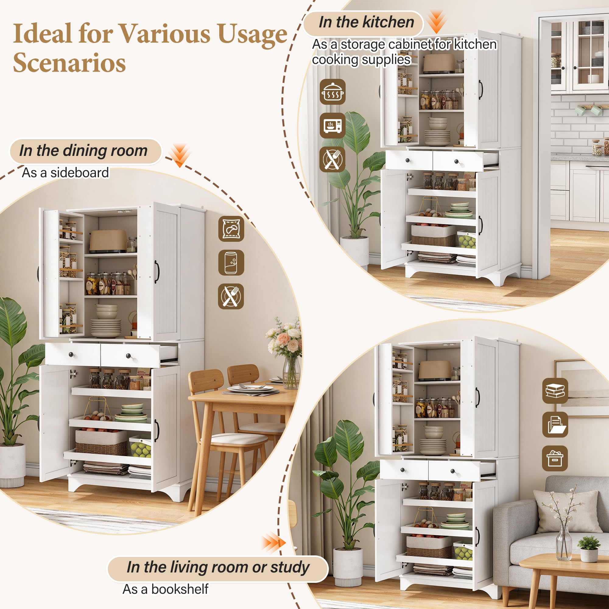 Armario alto con estantes ajustables y cajones, estantería con estantes extensibles y puertas de frigorífico, ideal para comedor, salón y cocina (color blanco)