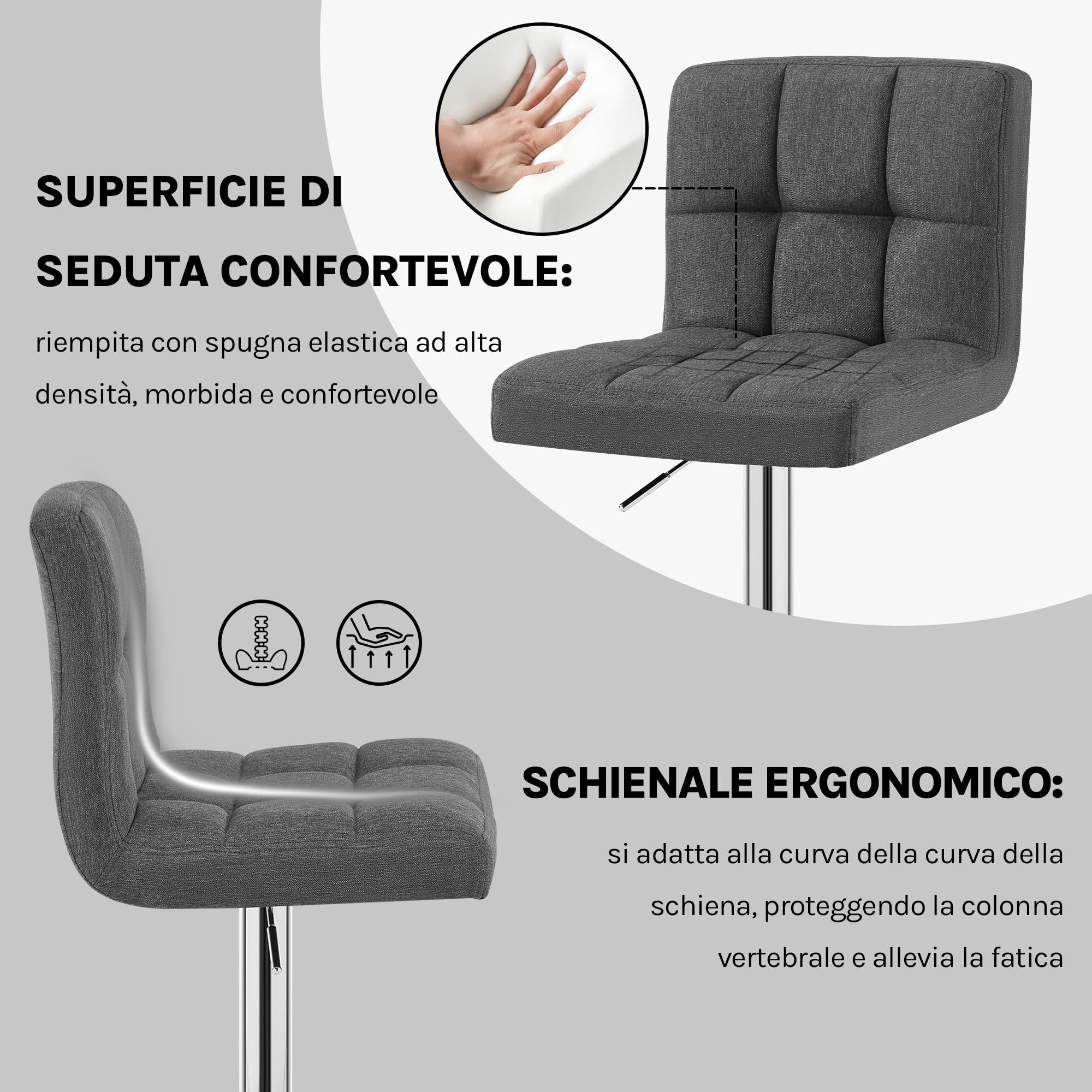 WOLTU Sgabello bar, con Schienale, Regolabile, Lino, Grigio Scuro