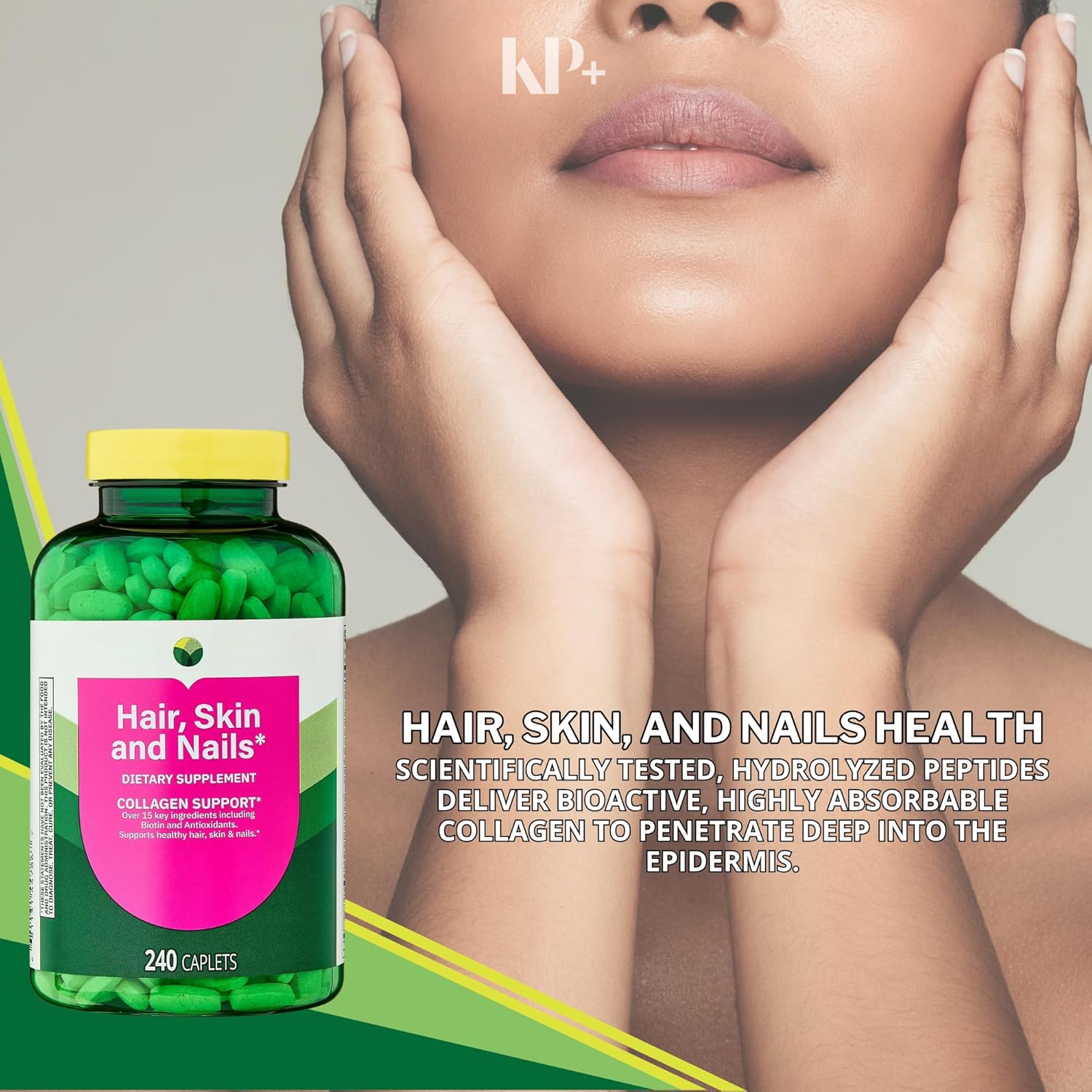 KP+ Hair, Skin & Nails | Collagen Support | Over 15 Key Ingredients Including Biotin & Antioxidants | Dietary Supplement | 240 Caplets | Pack of 2