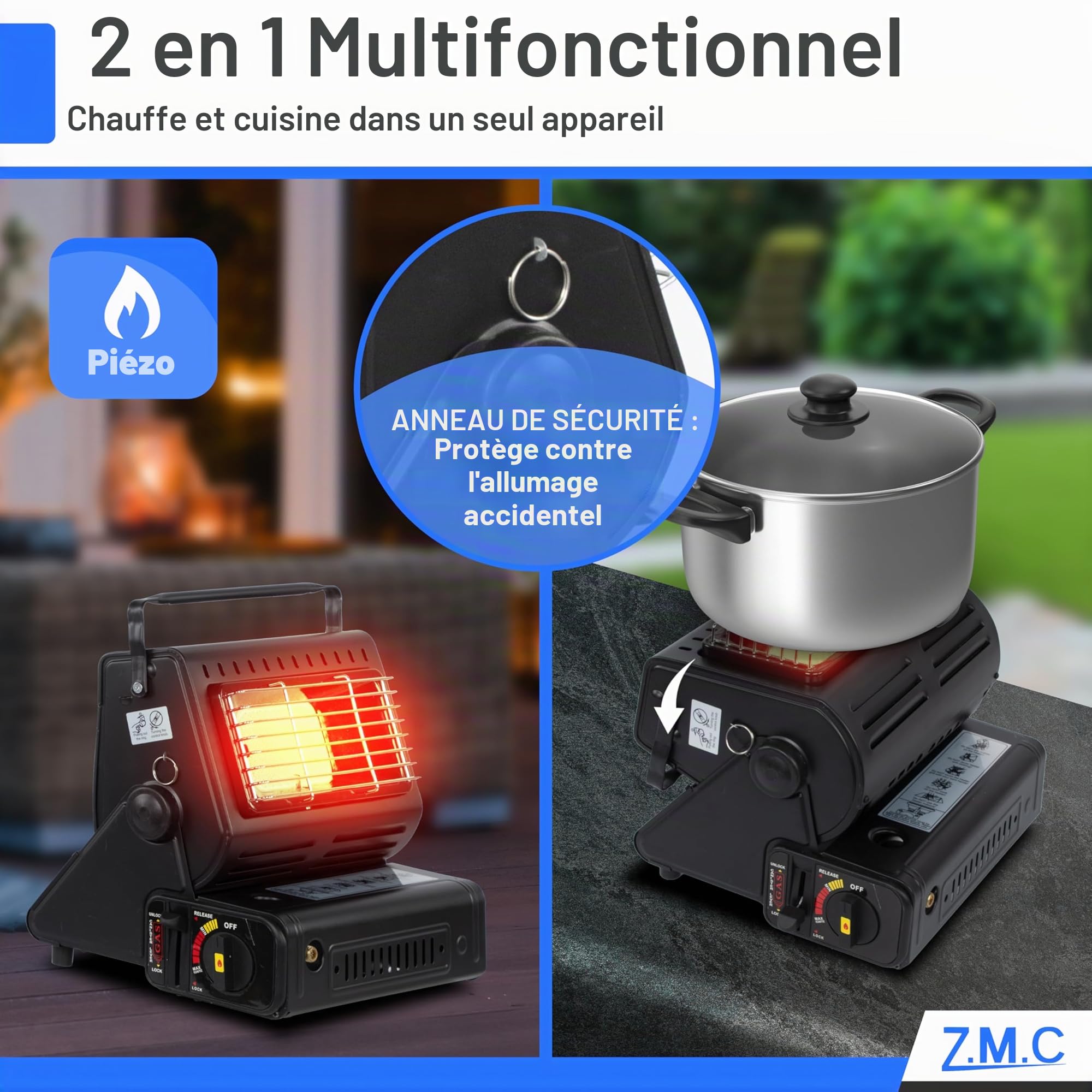 Z.M.C Chauffage à Gaz Portable 2 en 1 Avec Connexion GPL - Chauffage de Camping 1,3 kW Pour Extérieur, Mobile Avec Allumage Piézo