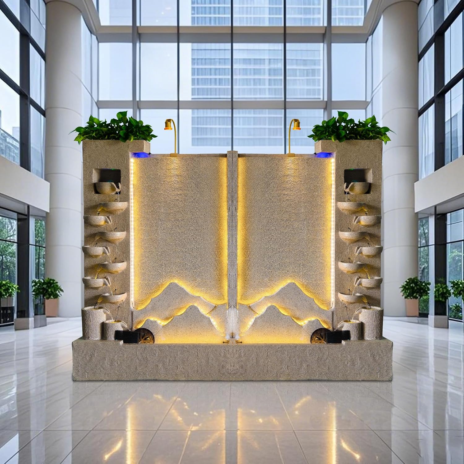 Retro Cement Water Fountain with Lighting, Mist & Waterwheel – 6.89ft Tall Indoor/Outdoor Decor for Garden, Entryway, Pool,Housewarming Gift(Left+Right)(#A+B)