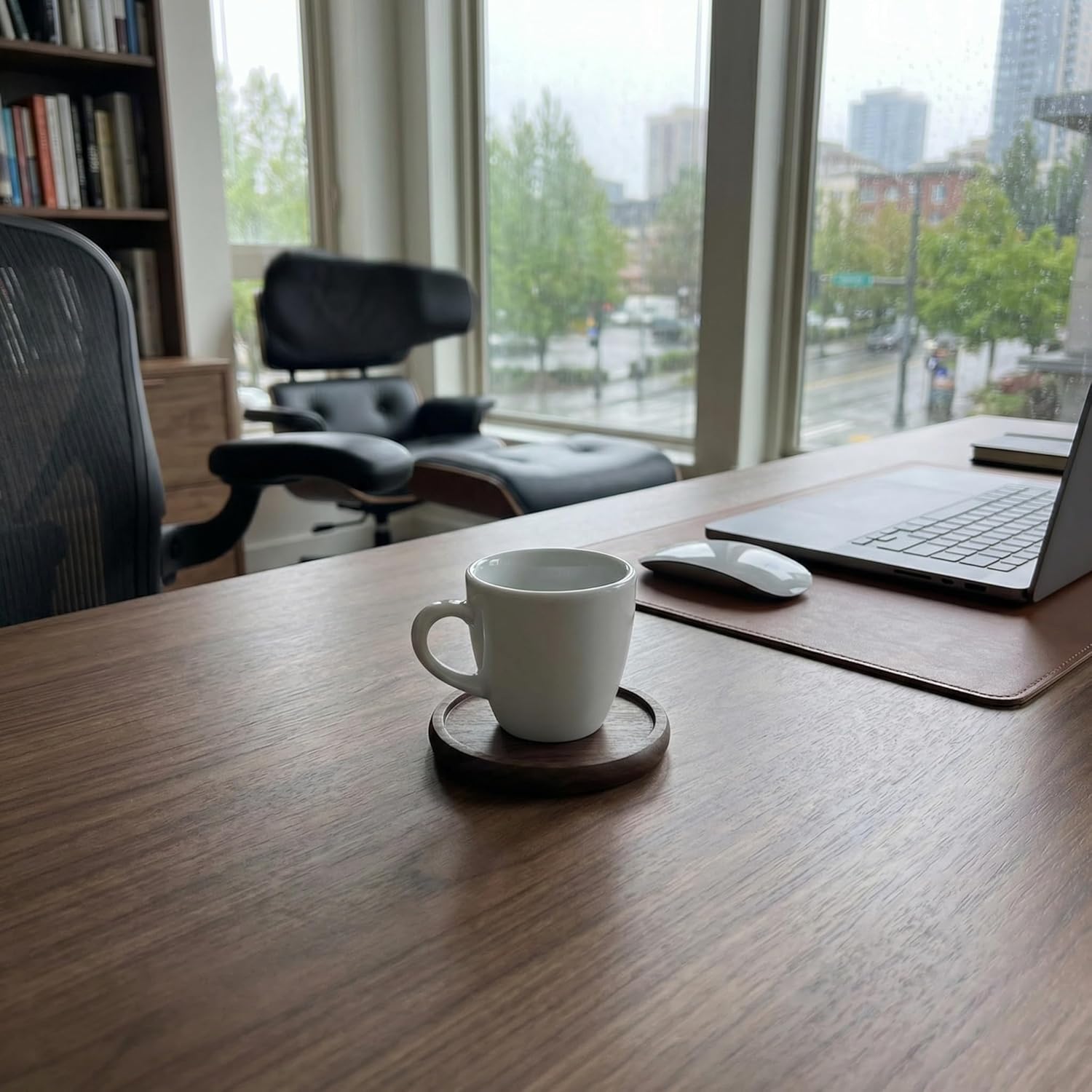 Round Black Walnut Wood Coasters with Holder, 3.54 Inch Diameter, Set of 6, for Coffee Cups and Drinks