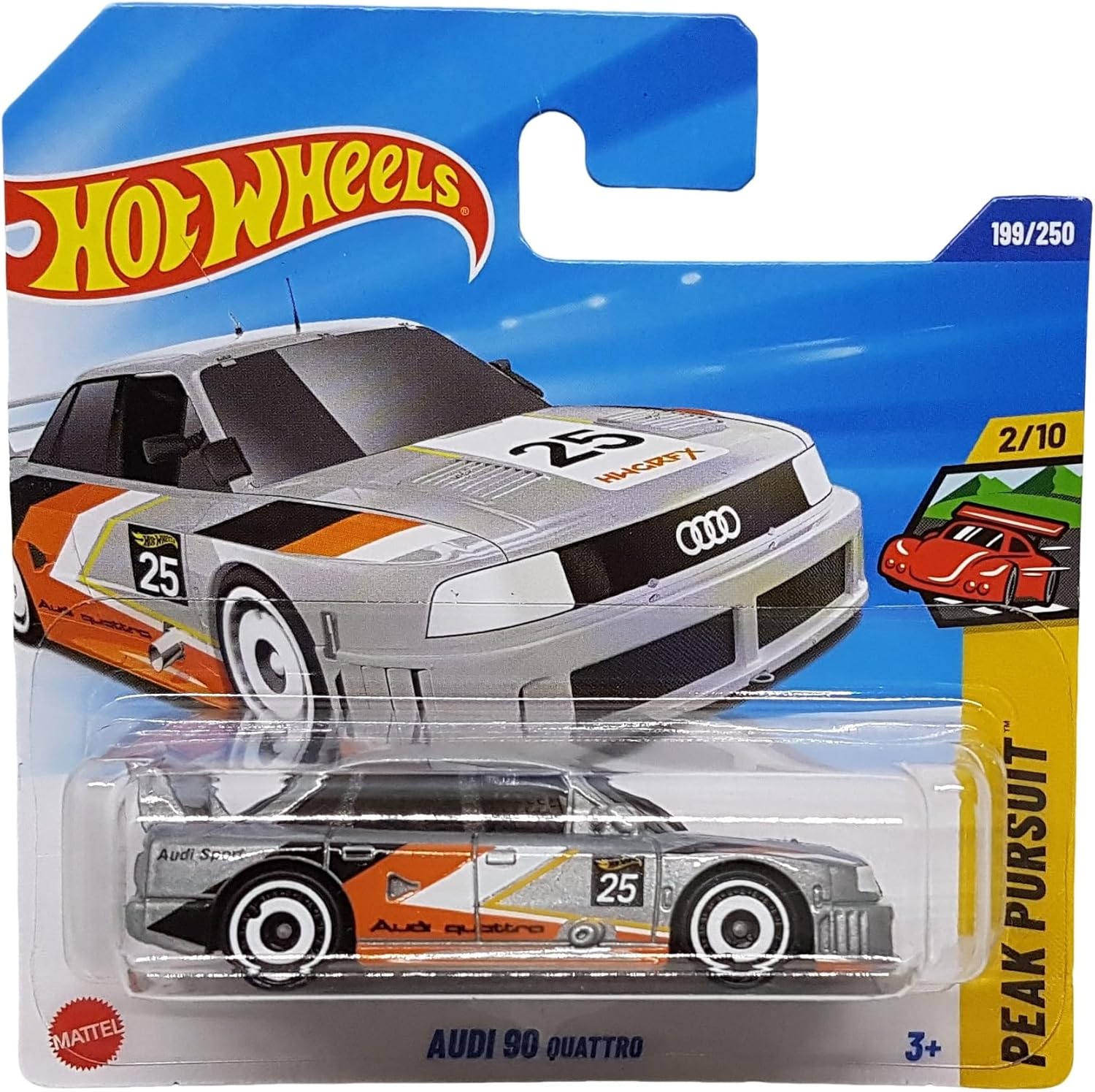 Hot Wheels Audi 90 Quattro JBB20 Peak Pursuit 2/10 Short Card Silver Metallic Audi License Mattel 2025 1:64