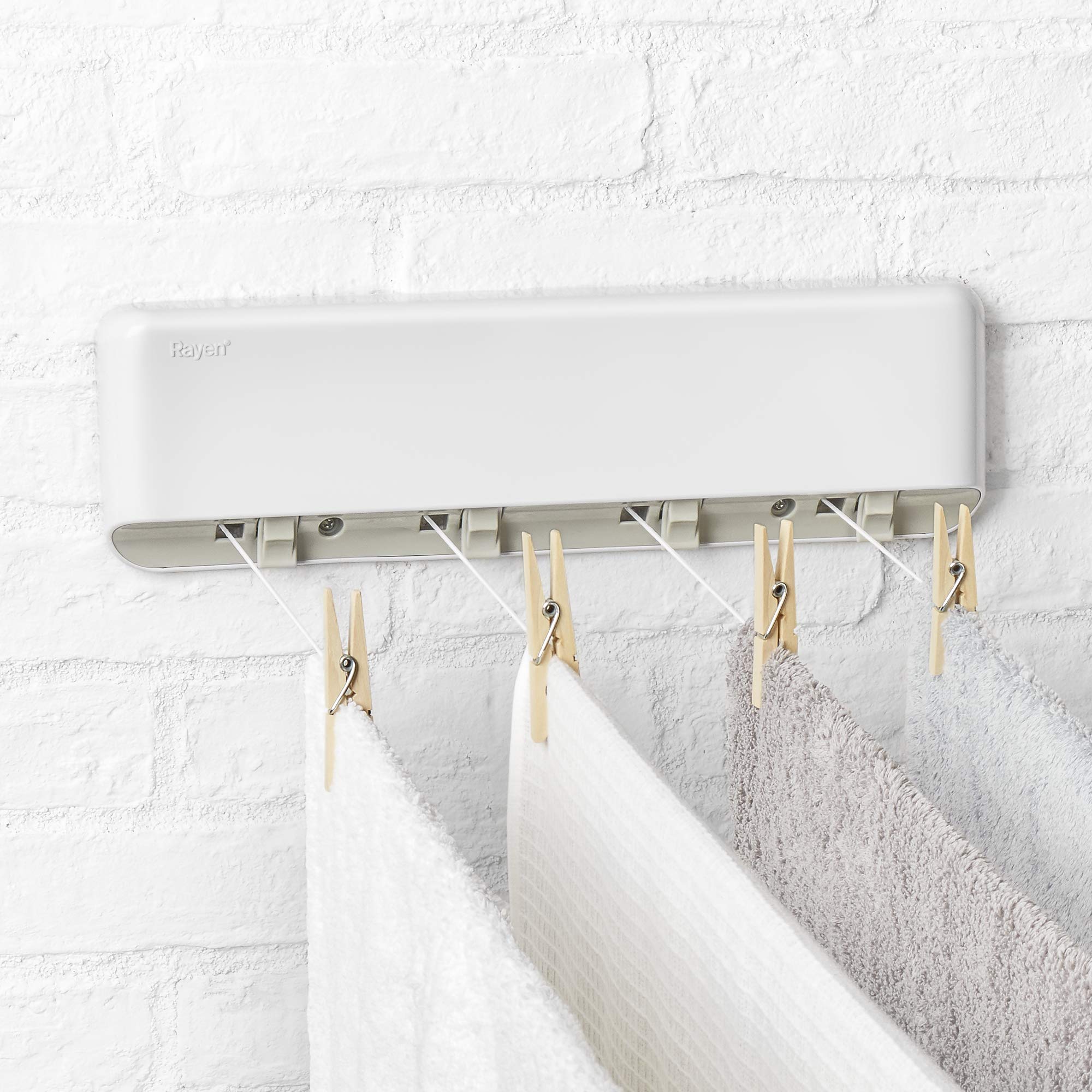 Rayen | Stendibiancheria allungabile | 4 stringhe indipendenti | Raccolta automatica delle corde | Stendibiancheria da interno ed esterno | 1 unità | 38,5 x 11,5 x 3,5 cm | Area di posa 20 m