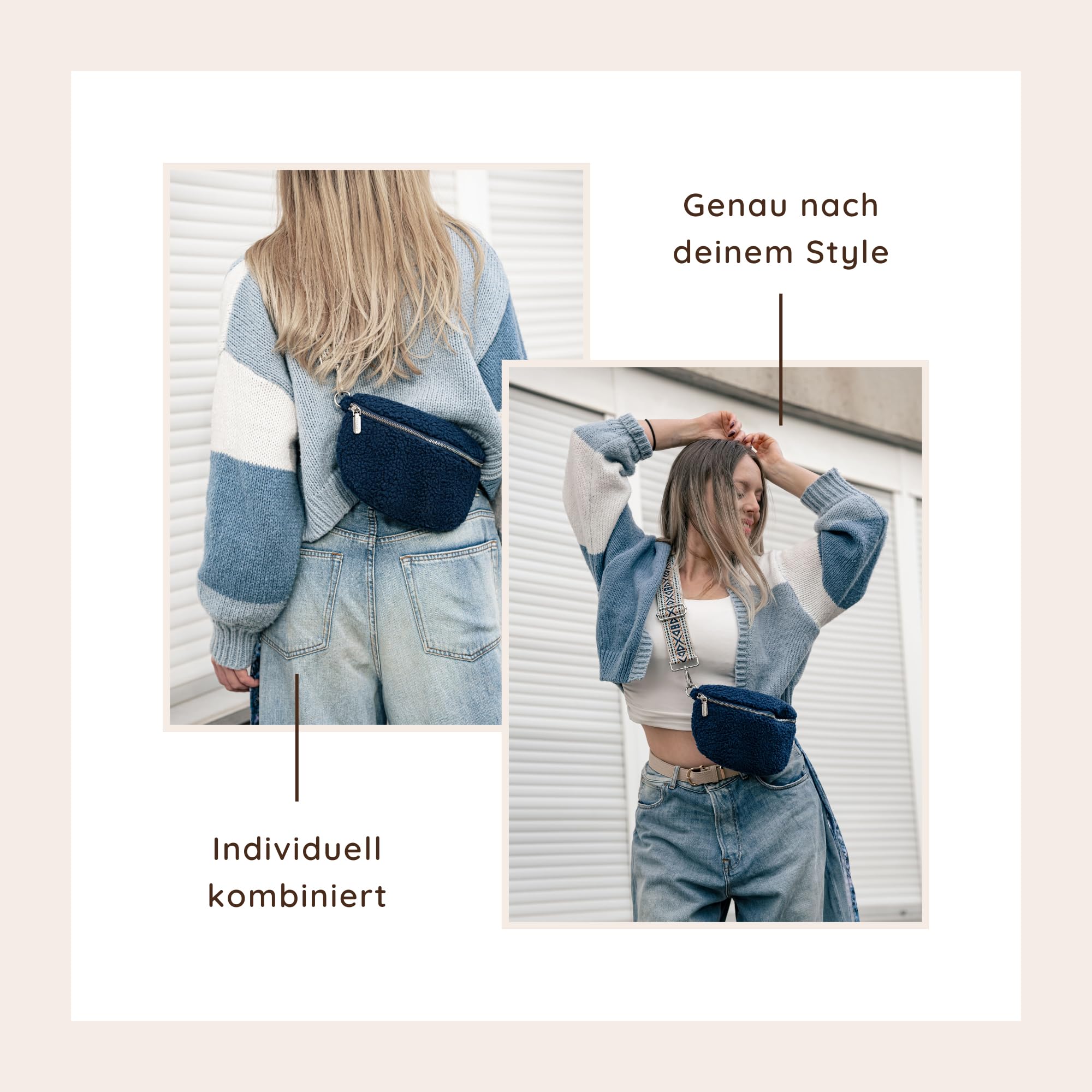 Umhängetasche Teddystoff Tasche Handtasche Plüschtasche Bauchtasche Teddyfell Plüsch mit Schultergurt Design Taschenband abnehmbar verstellbares Riemen Crossbody Bag Damen mit Reißverschluss