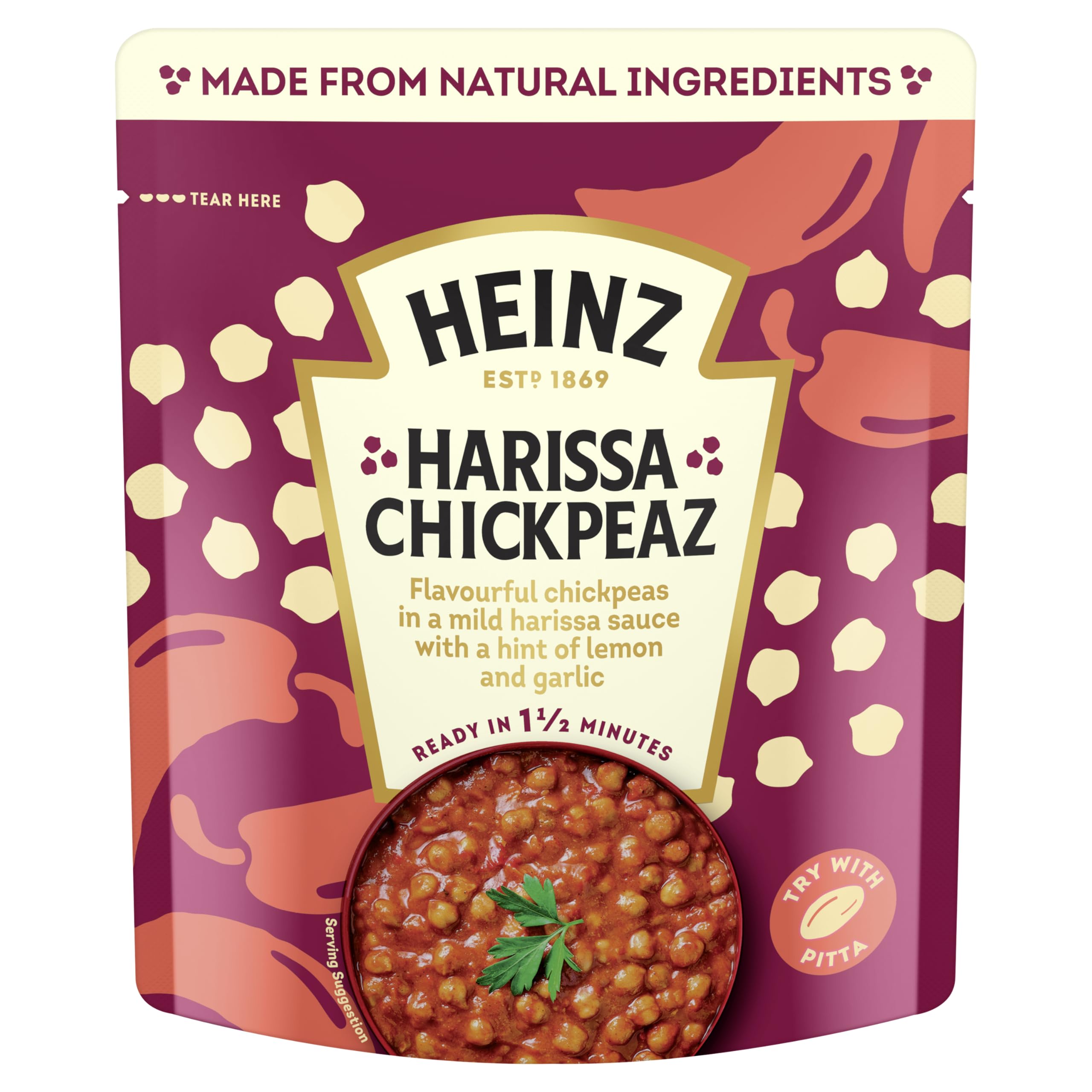 HEINZ Harissa Chickpeas with Peppers and Garlic - Meal for One, Made From Natural Ingredients, Source of Protein, 250gr