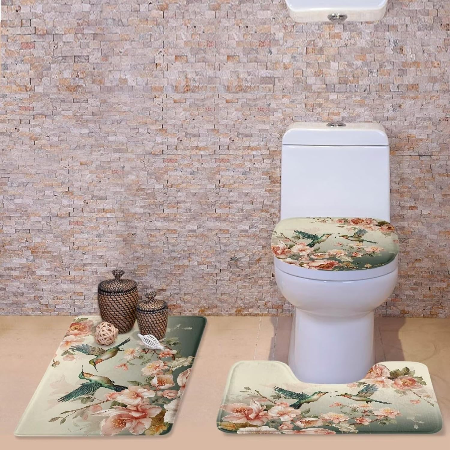 Flashideas Hummingbird Toilet Seat Cover and Rug Set Includes Bath Rug Toilet Lid Cover and Contour Mat Ultra Soft Bath Mat Non-Slip and Super Absorbent Bathroom Rug