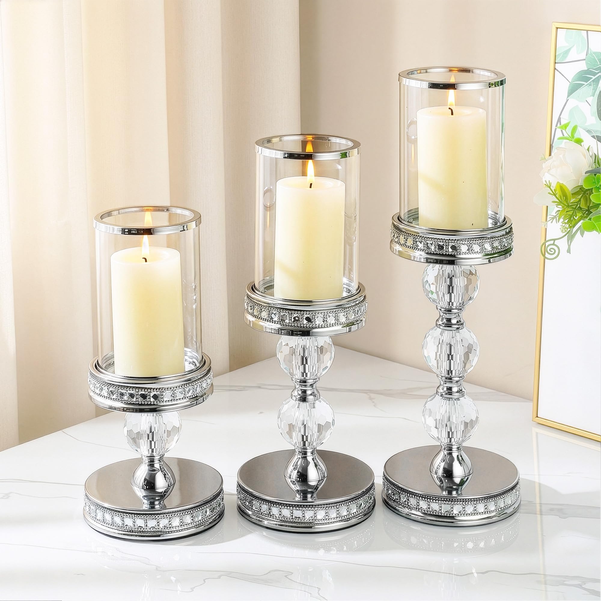 Hurricane Kerzenhalter, Stumpenkerzenhalter mit Glashülse mit Geschenk-Box, Kristall-Kerzenständer für Hauseinweihung, Hochzeit, Esszimmer-Dekoration, Tischdekoration (2, Silber, S)