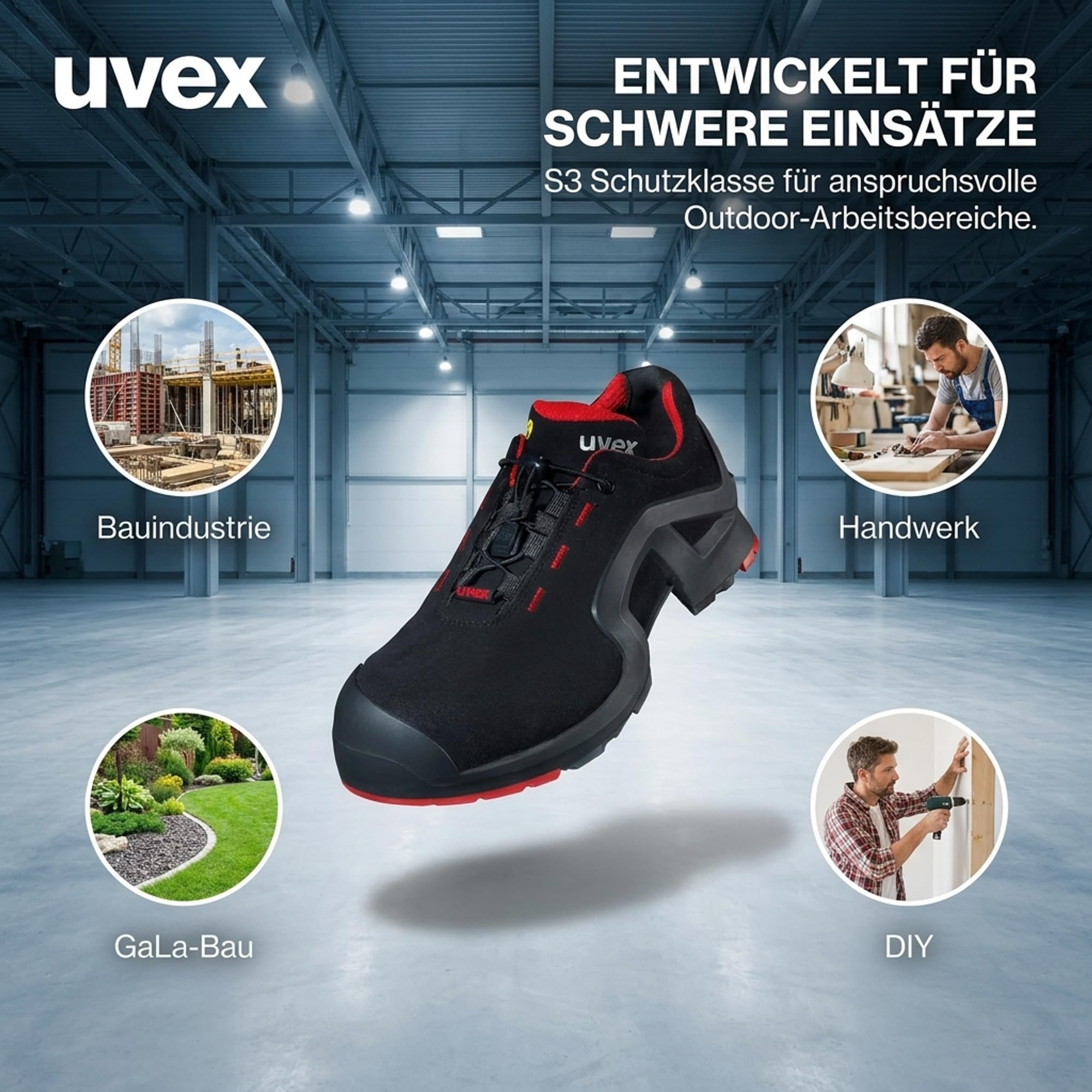 Uvex 1 X-Tended Support Arbeitsschuhe - S3-Sicherheitsschuhe für Damen & Herren - Rot-Schwarz