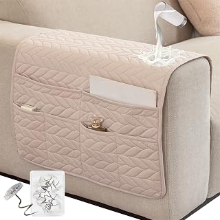 SHUOJIA Sofa Armrest Covers for Arms, Armchair Arm Protector Cover, Waterproof Anti-Slip Sofa Armrest Storage Organizer with 6 Pockets Sofa Arm Cover for TV Remote Control, Pets (Beige)