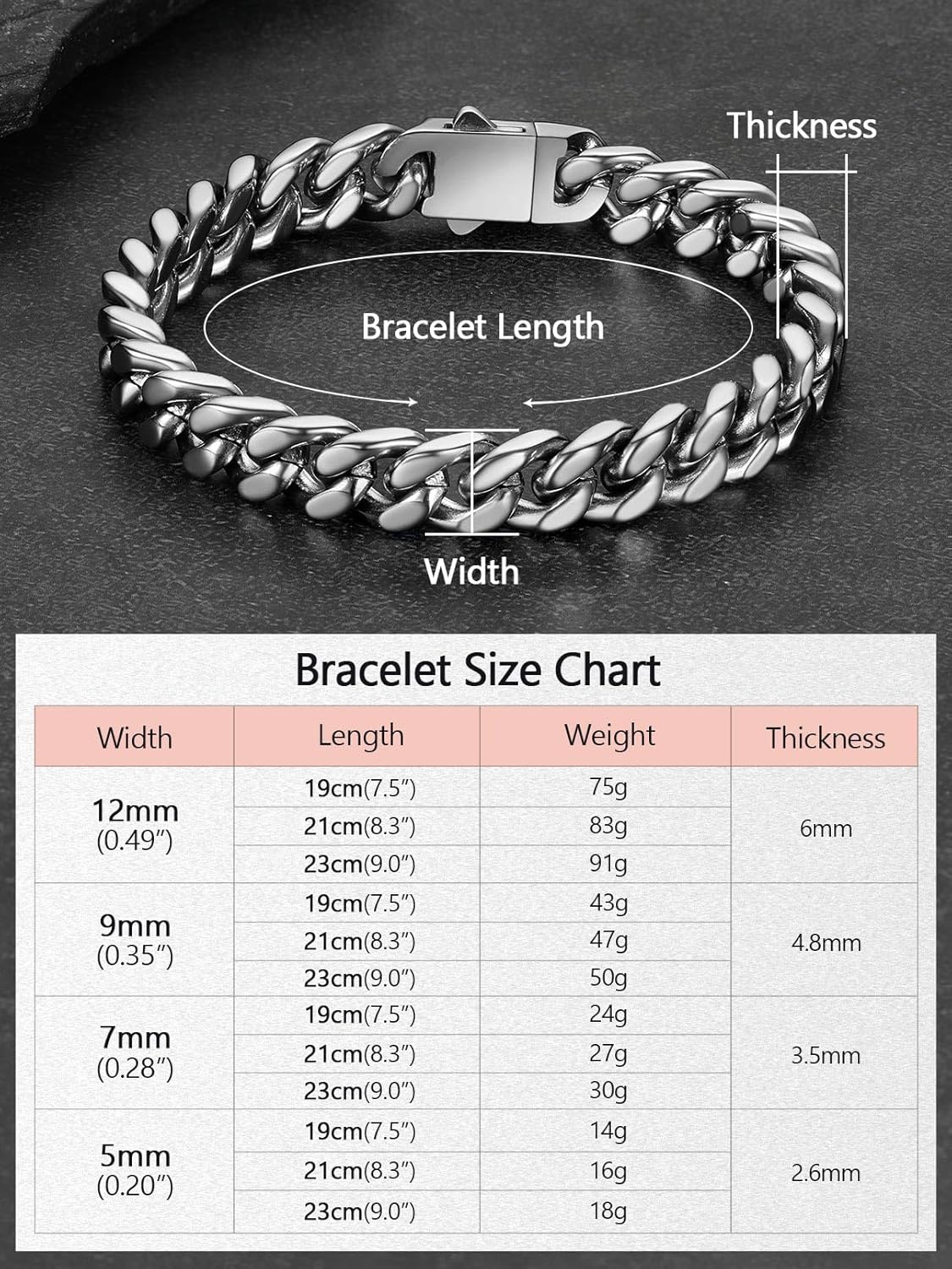 FaithHeart Cuban Link Bracelet for Men, Silver/Black/14K Gold Plated Stainless Steel Wrist Link Hip Hop Chain Bracelets, 5mm/7mm/9mm/12mm Width, 7.5"/8.3"/9" Length, with Gift Box - Image 6